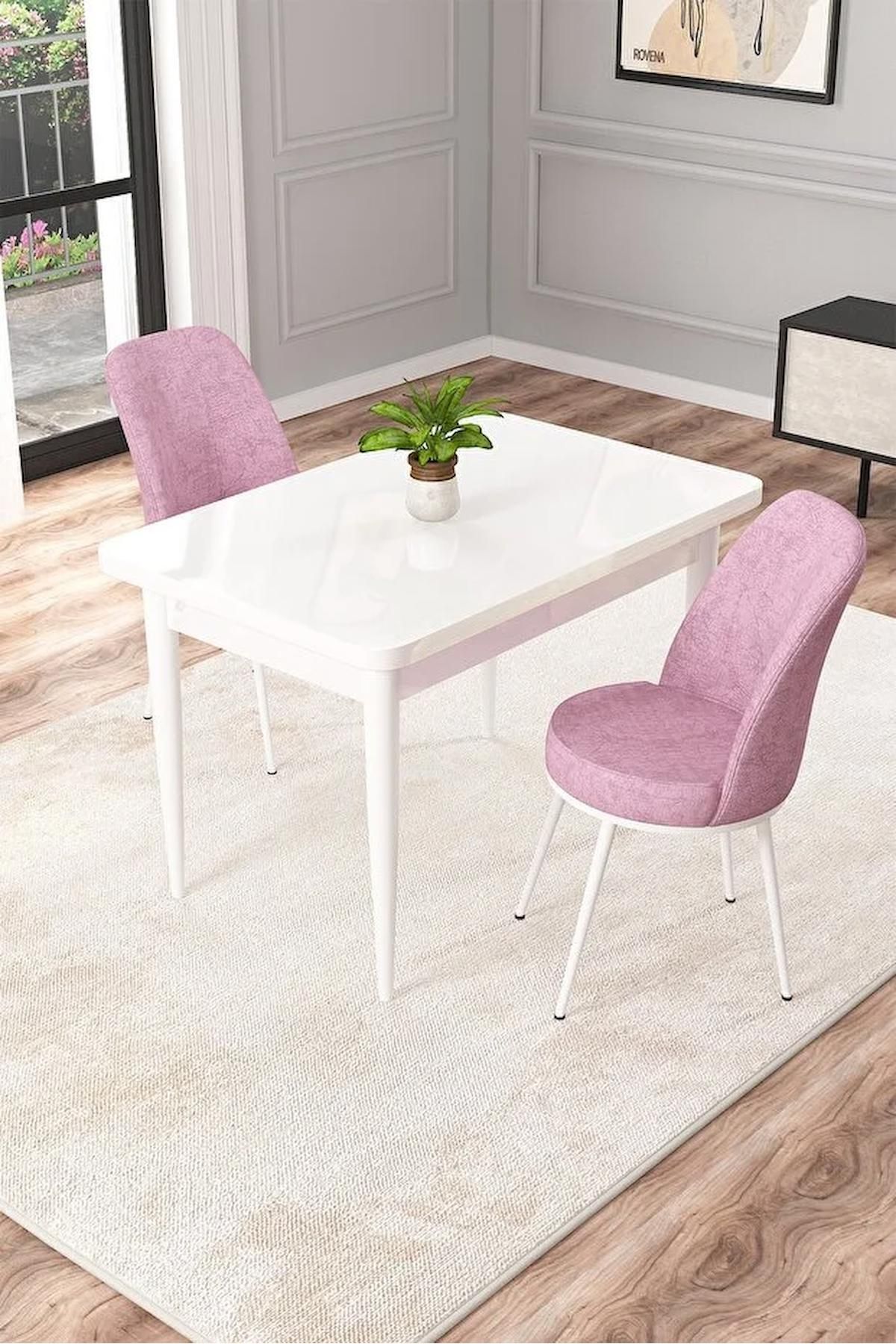 Duru Beyaz 70x110 Sabit Mdf Yemek Odası Takımı Metal Ayaklı 2 Adet Pembe Sandalye-0