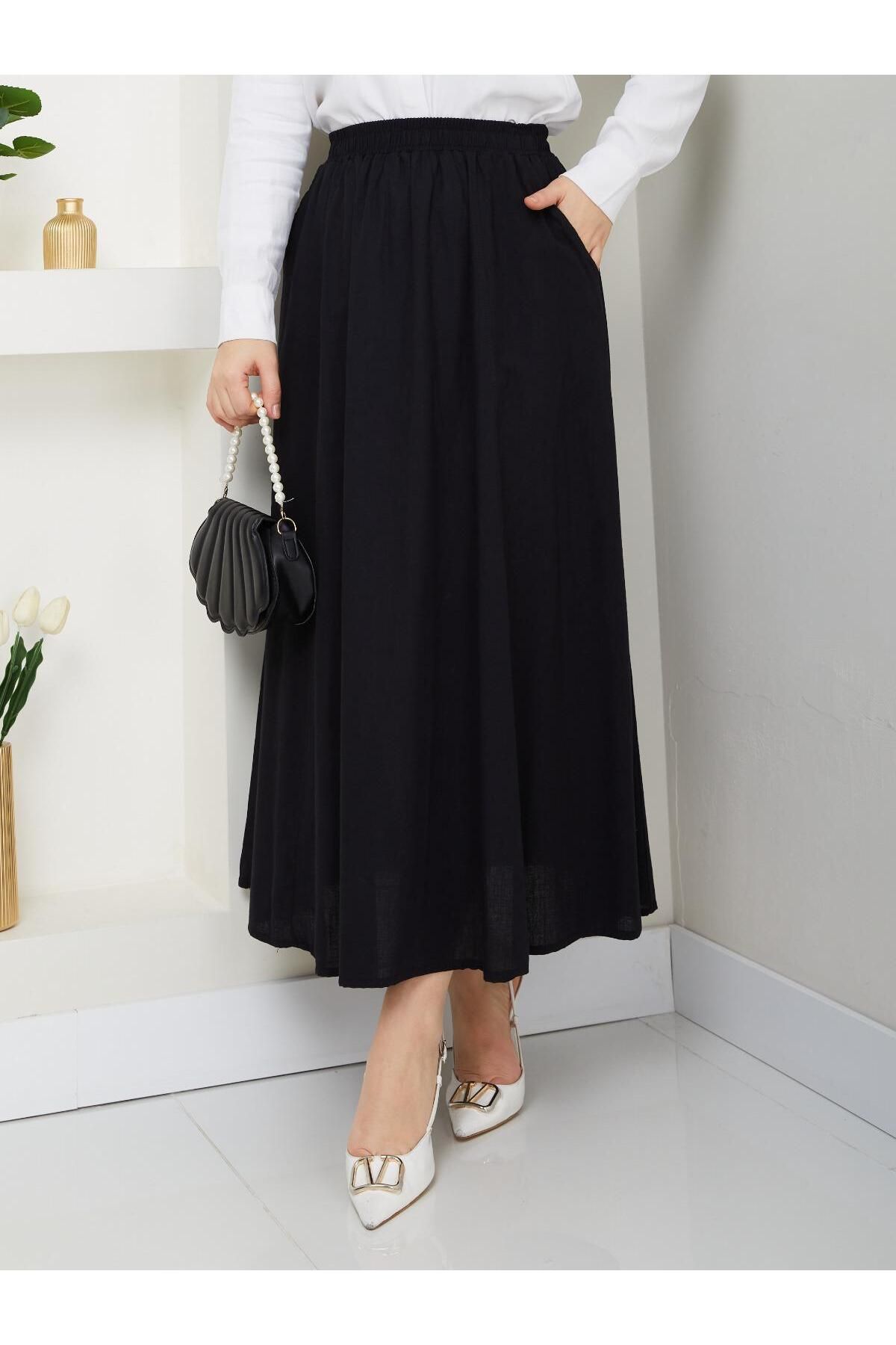 Nergis Neva Butik-Linen Skirt with Pockets and Elastic Waist 4