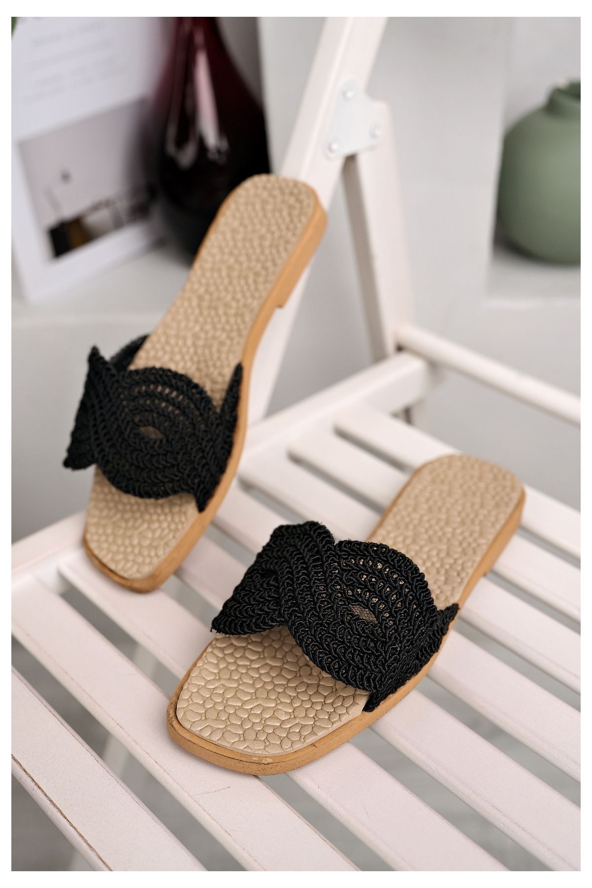 Modafırsat-Women's Casual Slippers Black Mesh Lace Knitwear Straw Knitted Stylish Summer Home Beach Vacation Street Slippers 5