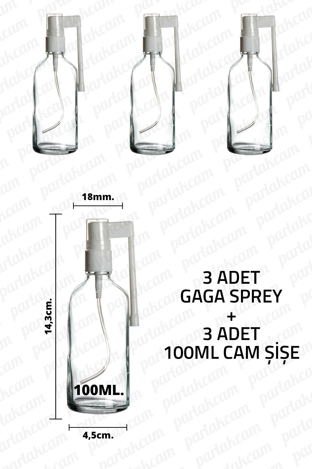 Mikasso 100ml Şeffaf Beyaz Gaga Başlıklı Sprey Cam Şişe 100cc Beyaz Ağız Spreyi Şişesi 3 Adet 100 ml