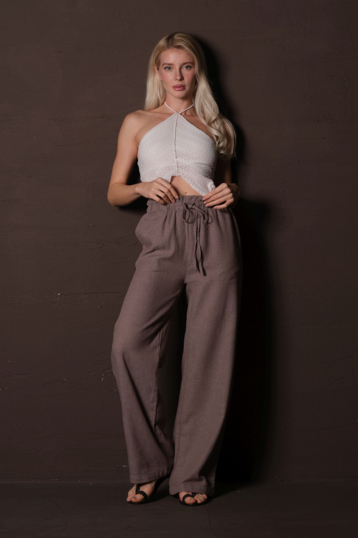 Domoda-Mink Cotton Elastic Waist and Drawstring Relaxed Cut Wide Leg Textured Summer Women's Trousers @Lagos 1