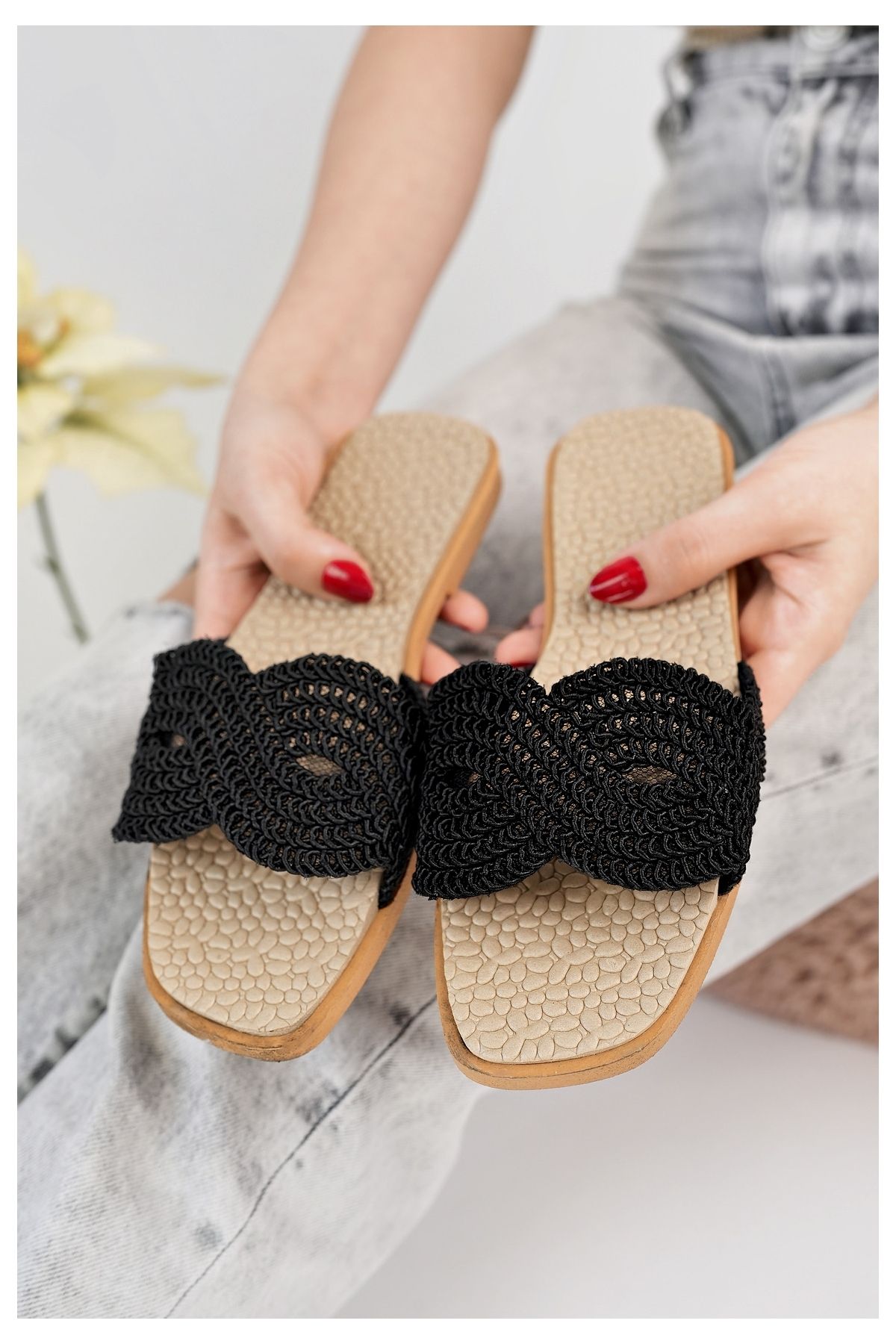 Modafırsat-Women's Casual Slippers Black Mesh Lace Knitwear Straw Knitted Stylish Summer Home Beach Vacation Street Slippers 1