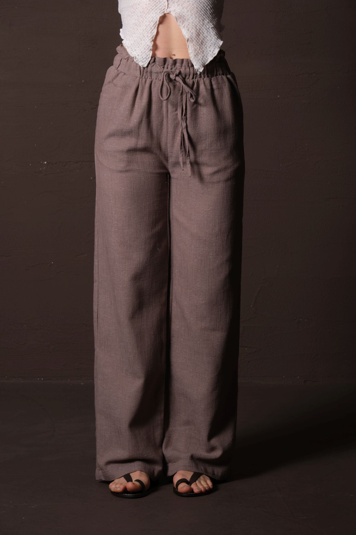 Domoda-Mink Cotton Elastic Waist and Drawstring Relaxed Cut Wide Leg Textured Summer Women's Trousers @Lagos 6