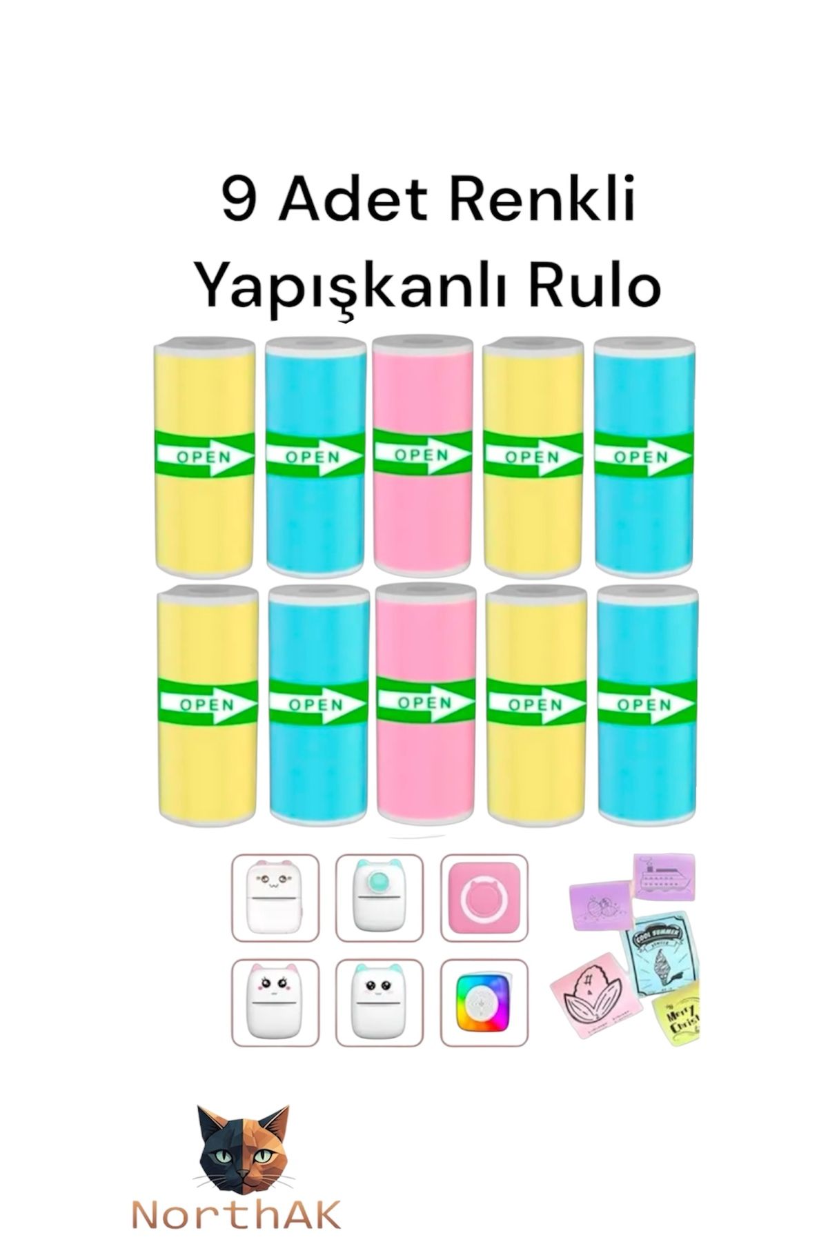 NorthAK 9 Adet Renkli  Rulo Mini Yazıcı Rulosu - Renkli Rulo Yapışkanlı Sticker