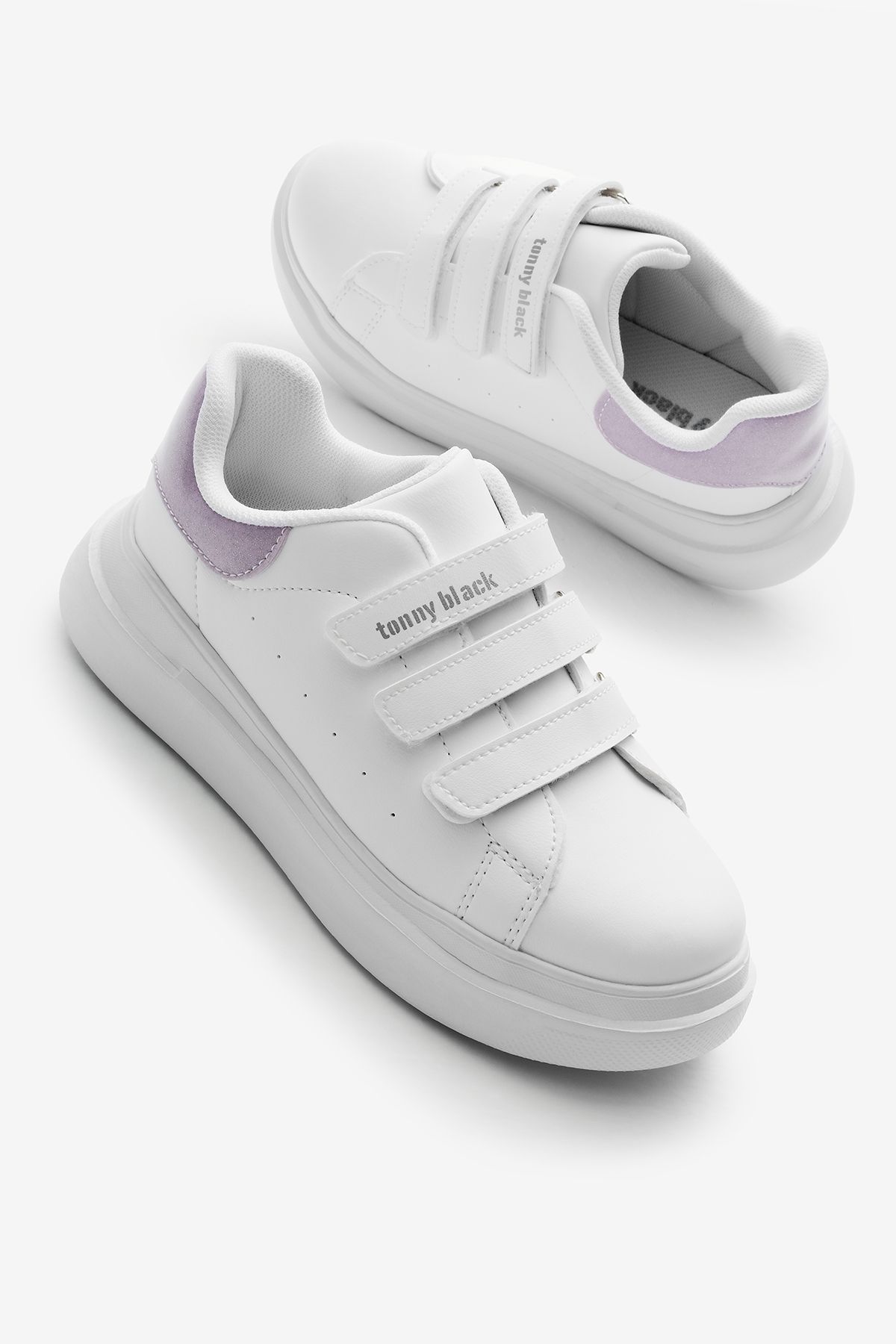 Tonny Black-Children's Unisex White Lilac Eva Faylon Sole Three Velcro Sneakers 1