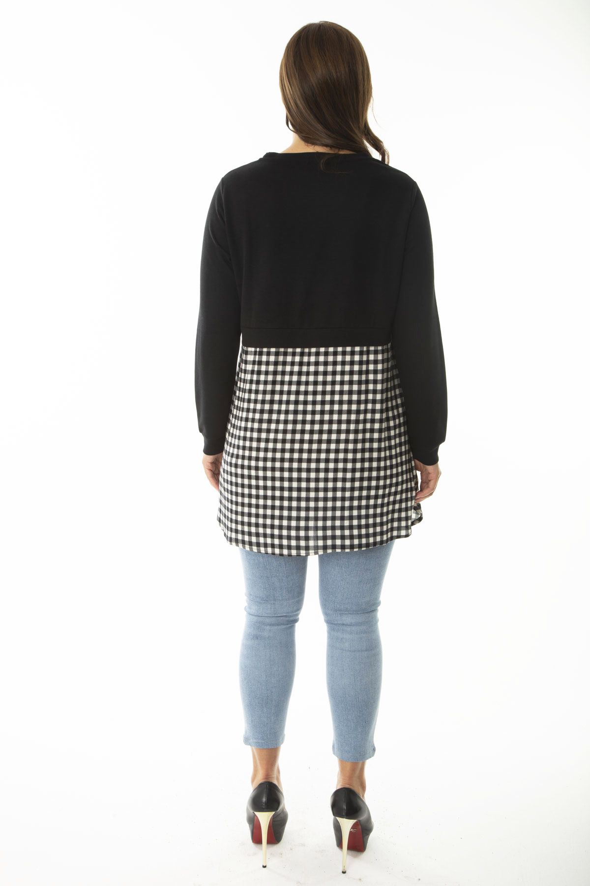 Şans-Women's Large Size Black Tunic with Plaid Pattern and Buttons at the Bottom 65N36961 6