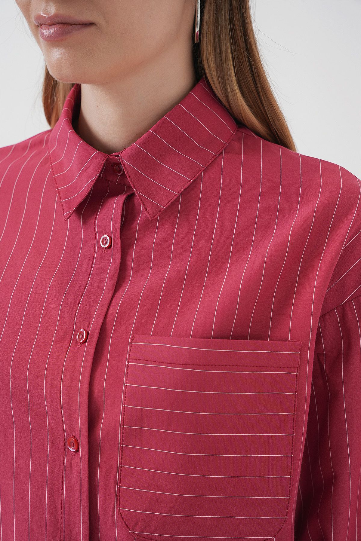 Bigdart-20217 Gestreiftes Oversize-Hemd mit Taschendetail – Rot 6