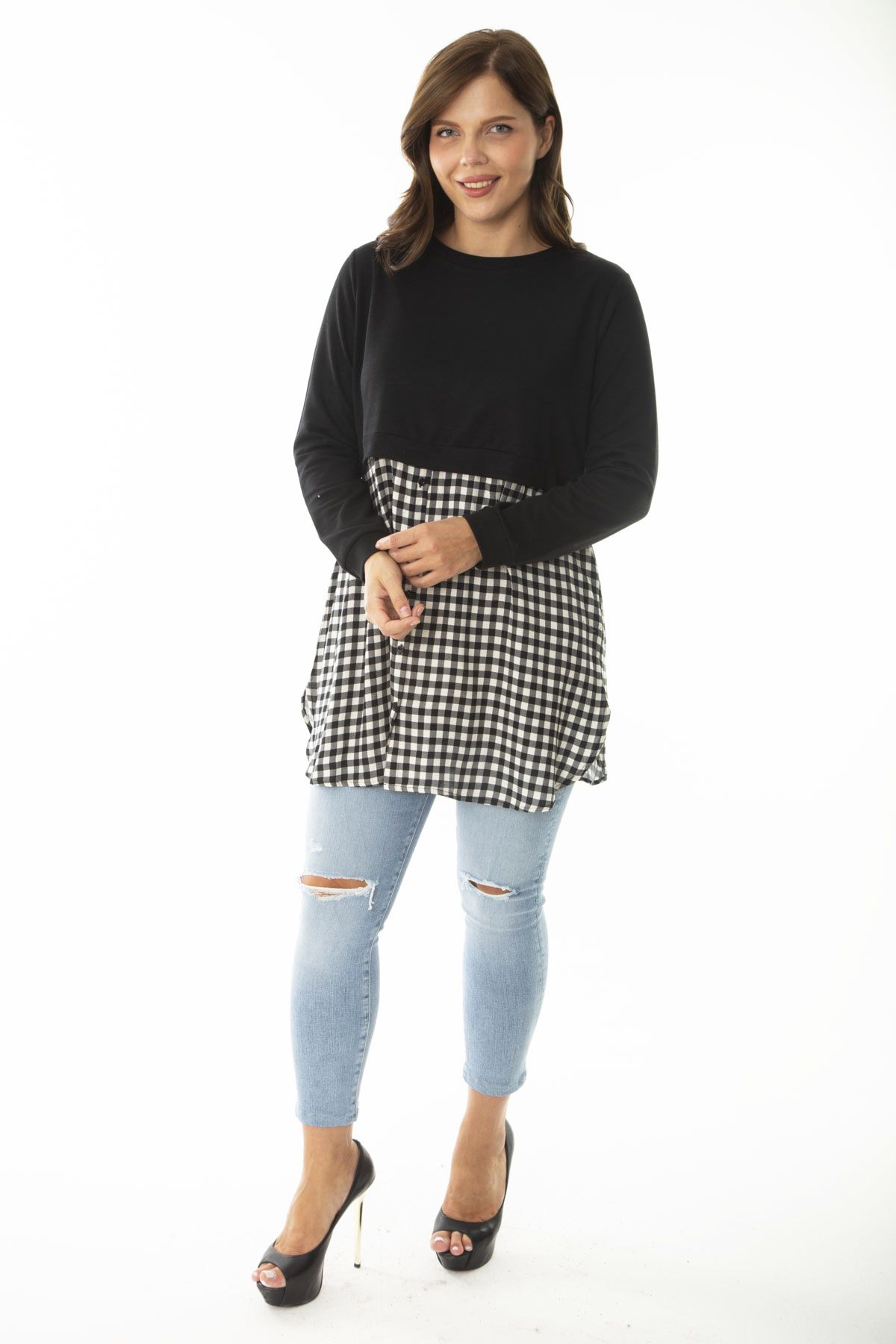 Şans-Women's Large Size Black Tunic with Plaid Pattern and Buttons at the Bottom 65N36961 4