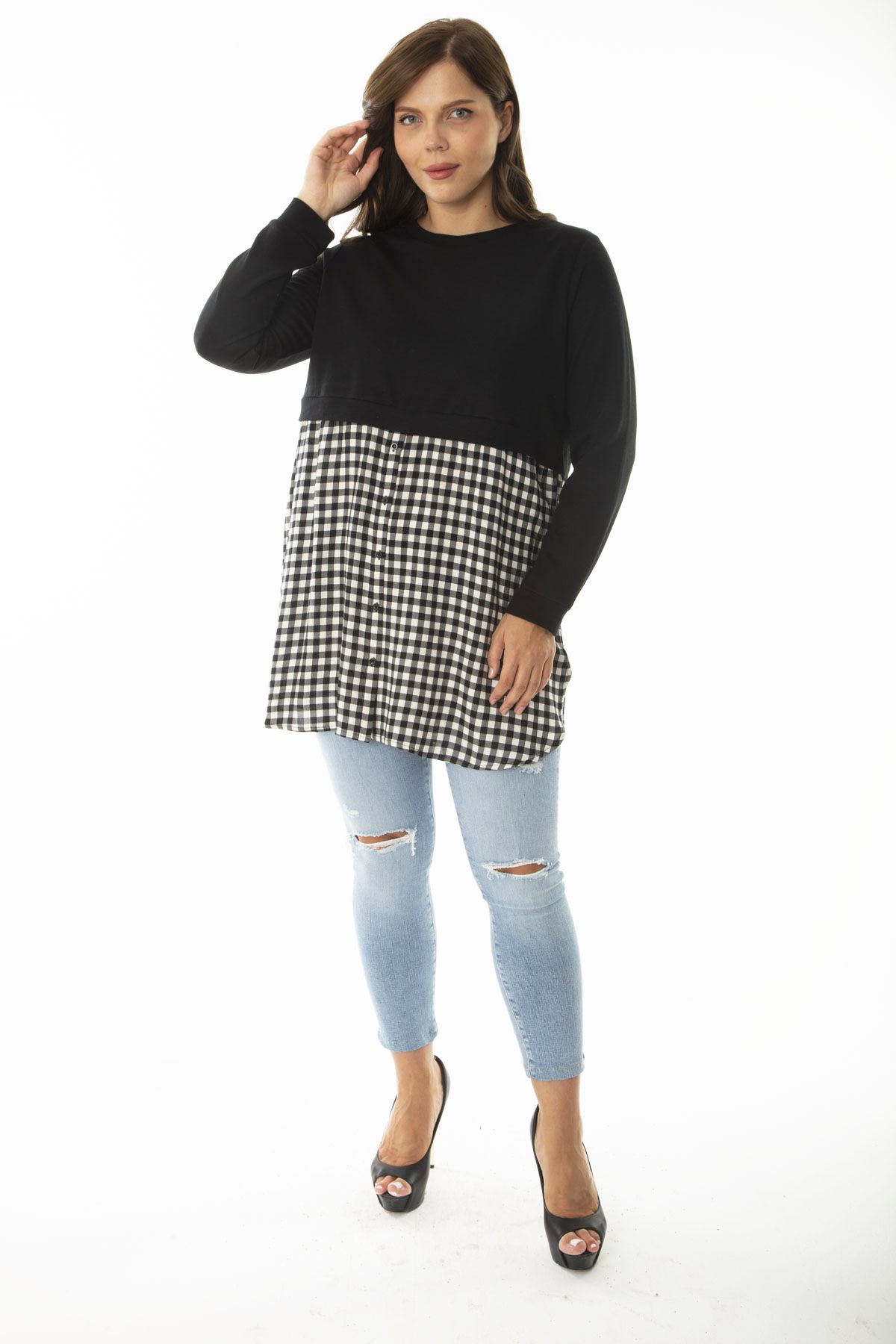 Şans-Women's Large Size Black Tunic with Plaid Pattern and Buttons at the Bottom 65N36961 2