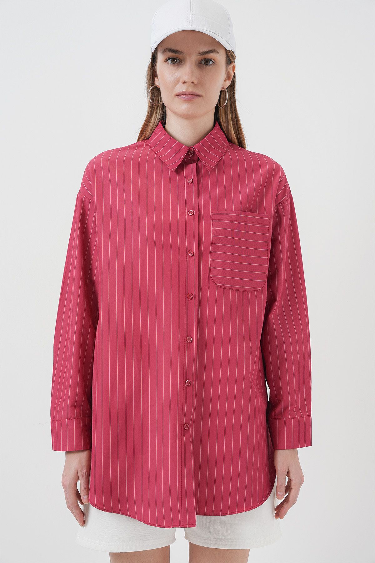 Bigdart-20217 Gestreiftes Oversize-Hemd mit Taschendetail – Rot 3