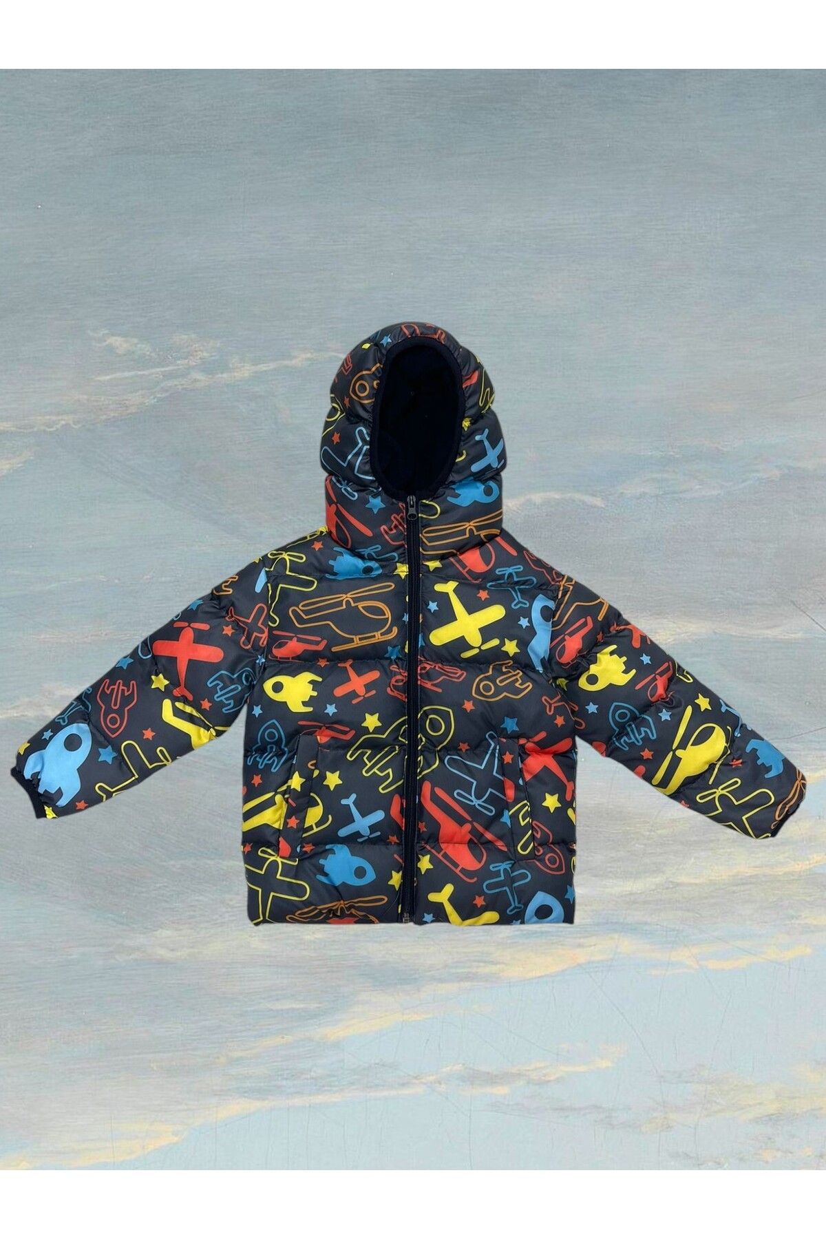 Riverstorm-Boy's Winter down Jacket - Fleece, Hood, Helicopter Pattern 1