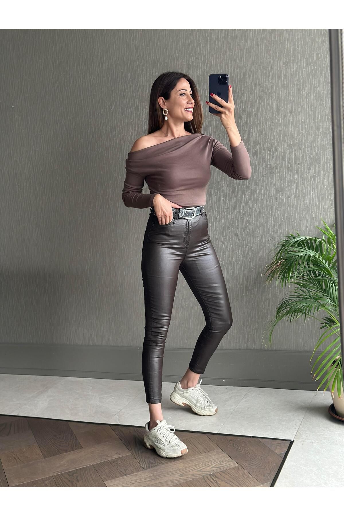 Forlady Butik Kahverengi Samyeli Mum Kaplamalı Skinny Kadın Jean Pantolon