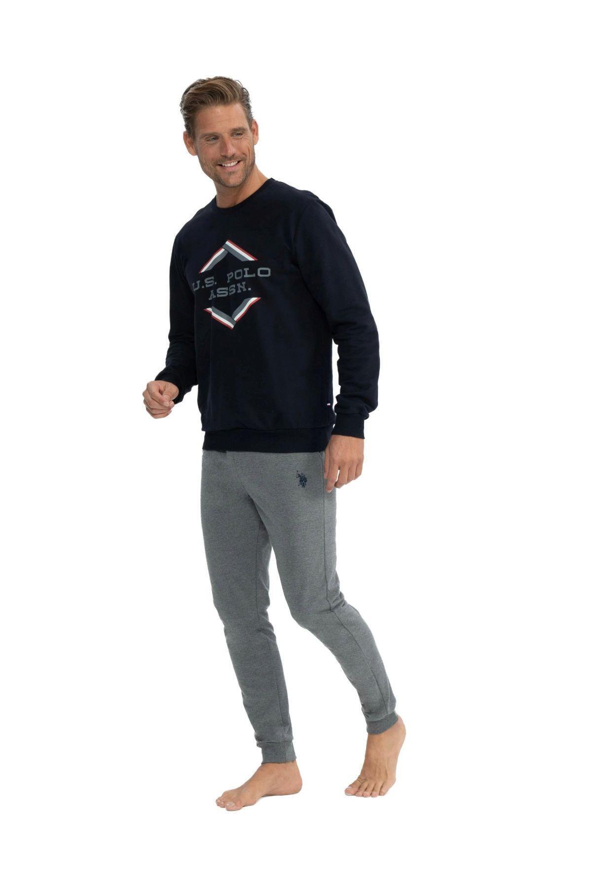 یو اس پولو تی‌شرت آستین بلند یقه گرد مردانه سرمه‌ای، دو نخ، یو اس پولو، مدل ۱۸۸۱۸