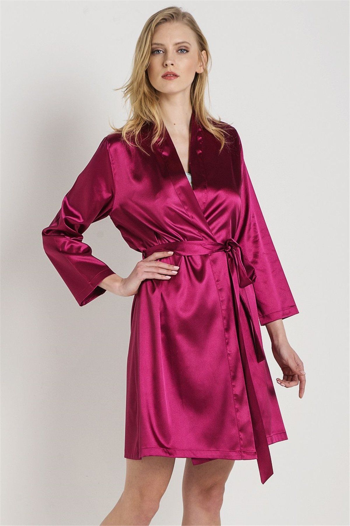 Magic Form-30428 Women's Cherry Plain Satin Fabric Short Dressing Gown 2