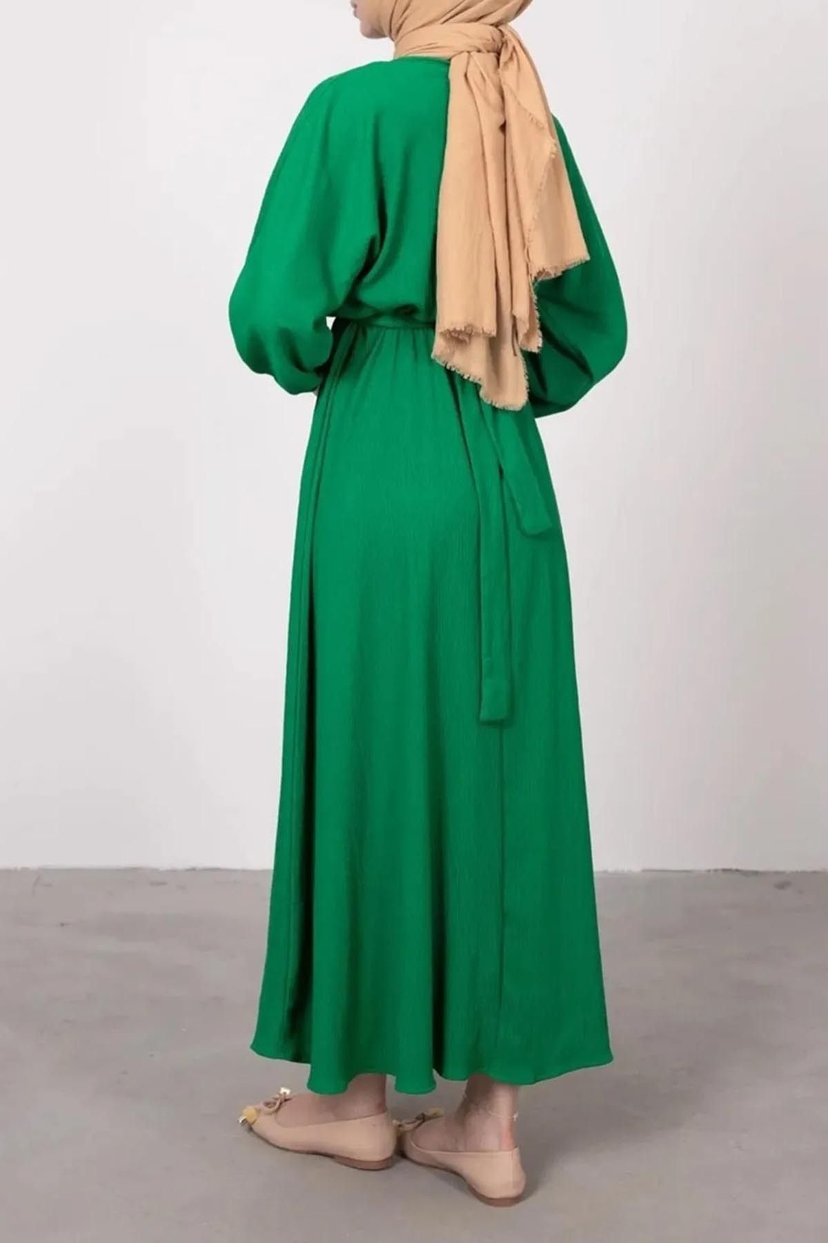 Swana-Γυναικείο Hijab φόρεμα Grass Green - Αυτο-υφή, Άνετο Flared 4