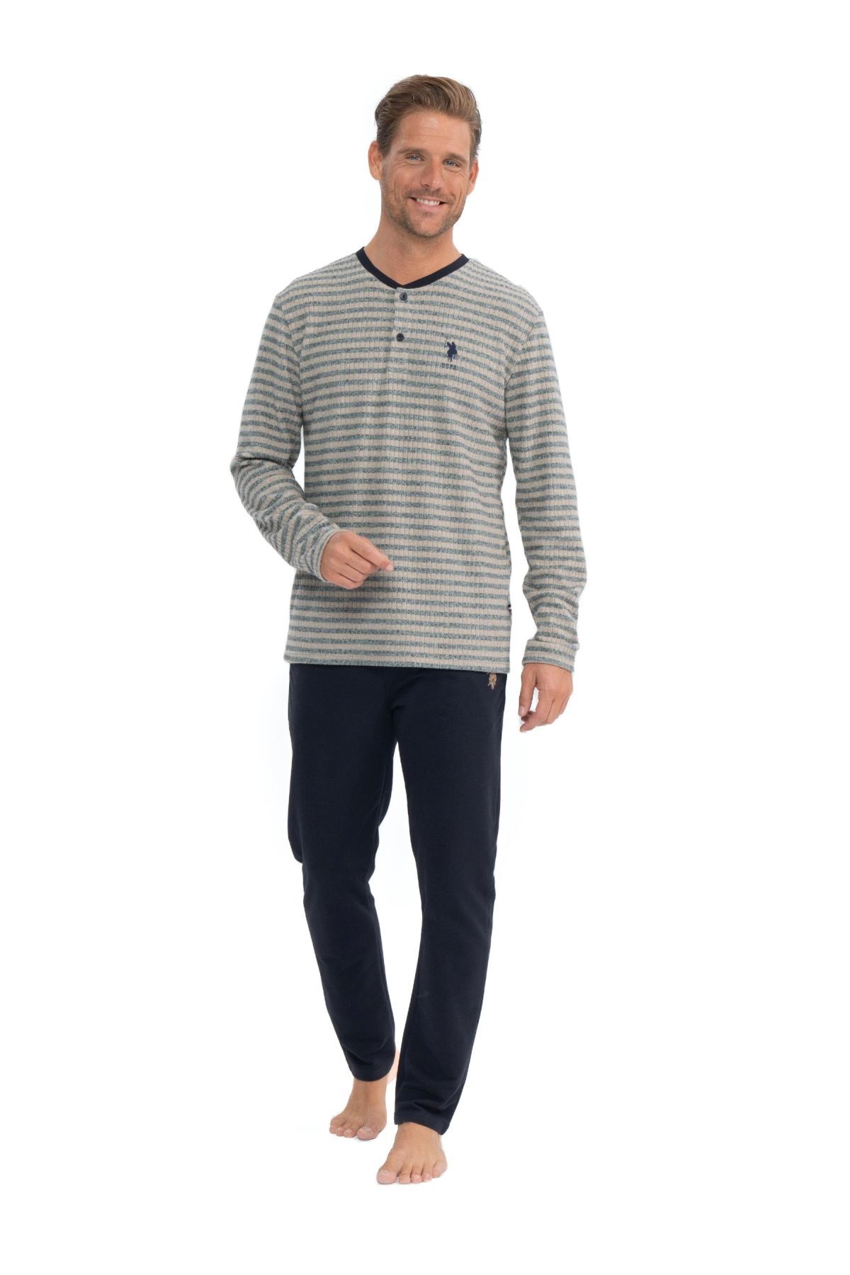 یو اس پولو پیراهن ورزشی مردانه آستین بلند سرمه‌ای راه راه، دکمه‌دار، راه راه، دو نخ، طرح پولو، کد 18840