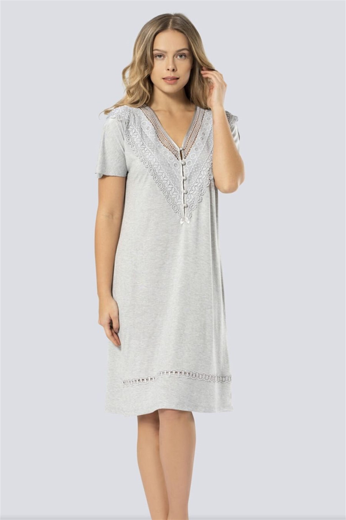 Türen Kadın Gri Güpürlü V Yaka Gecelik 3282