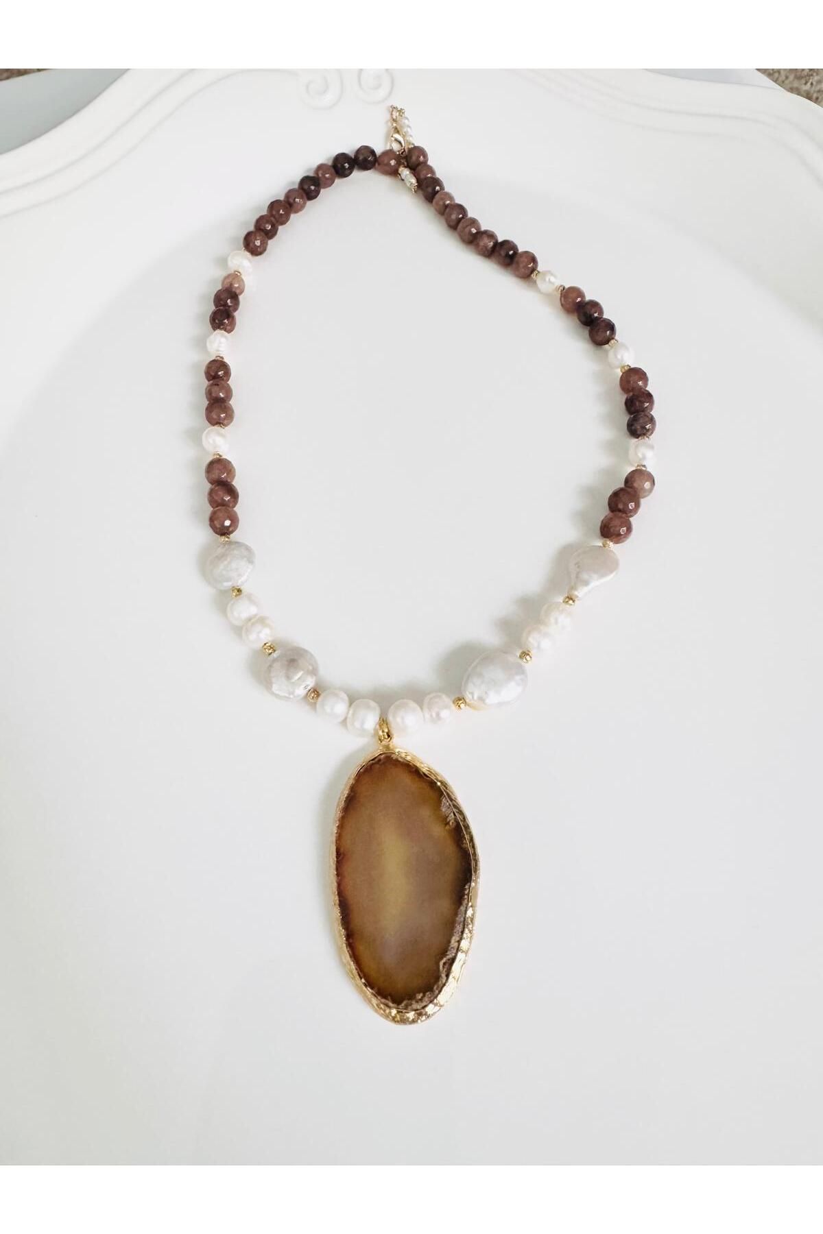 DEVİ fashion-Real Pearl and Natural Stone Design Necklace 58 cm 5