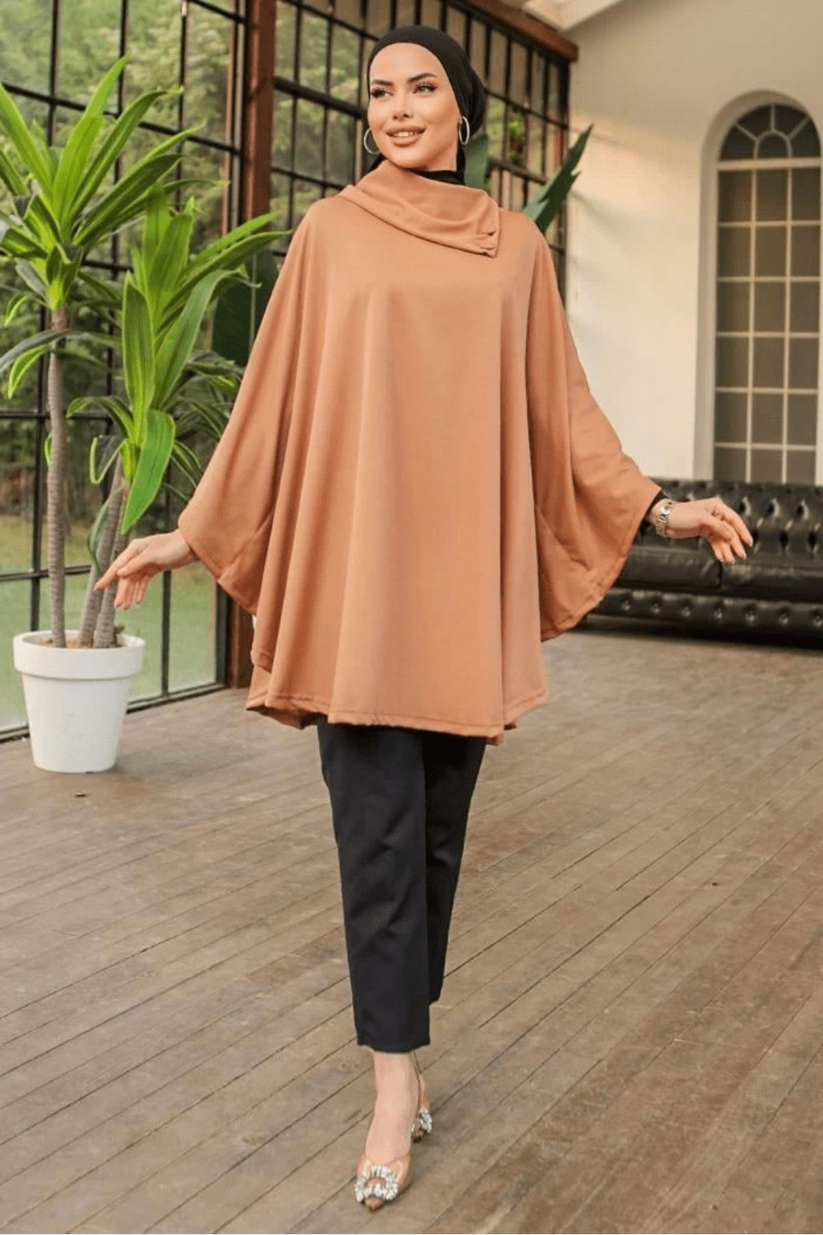 NEZADE STORE-Stylish Design Beige Shawl Collar Poncho with Button Detail 3