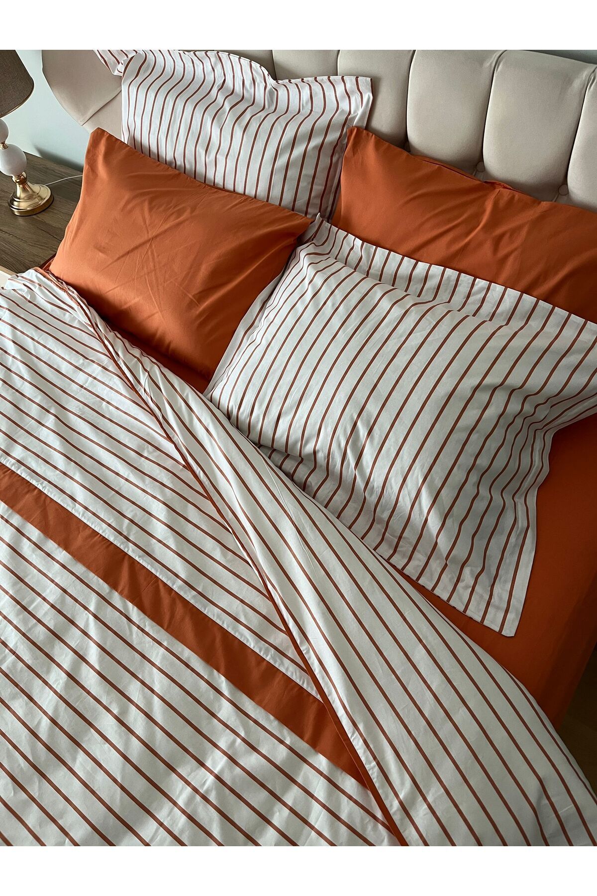 Zeren Home-Piping Detailed Striped Double Placket Duvet Cover Set 4 Pieces 2