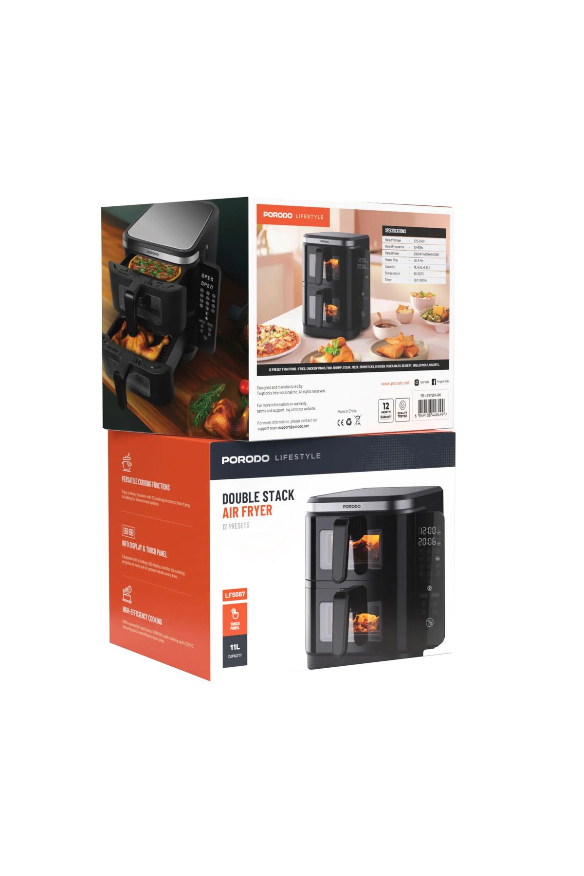 porodo-Lifestyle 2800W 2-Stack Air Fryer With Transparent Windows - Black 4