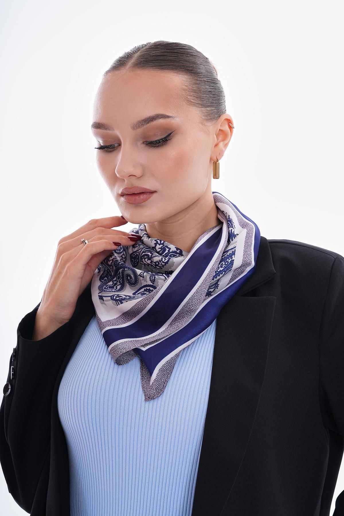 Axesoire-15274 Shawl Patterned Navy Blue Bandana Scarf 70X70 cm 4