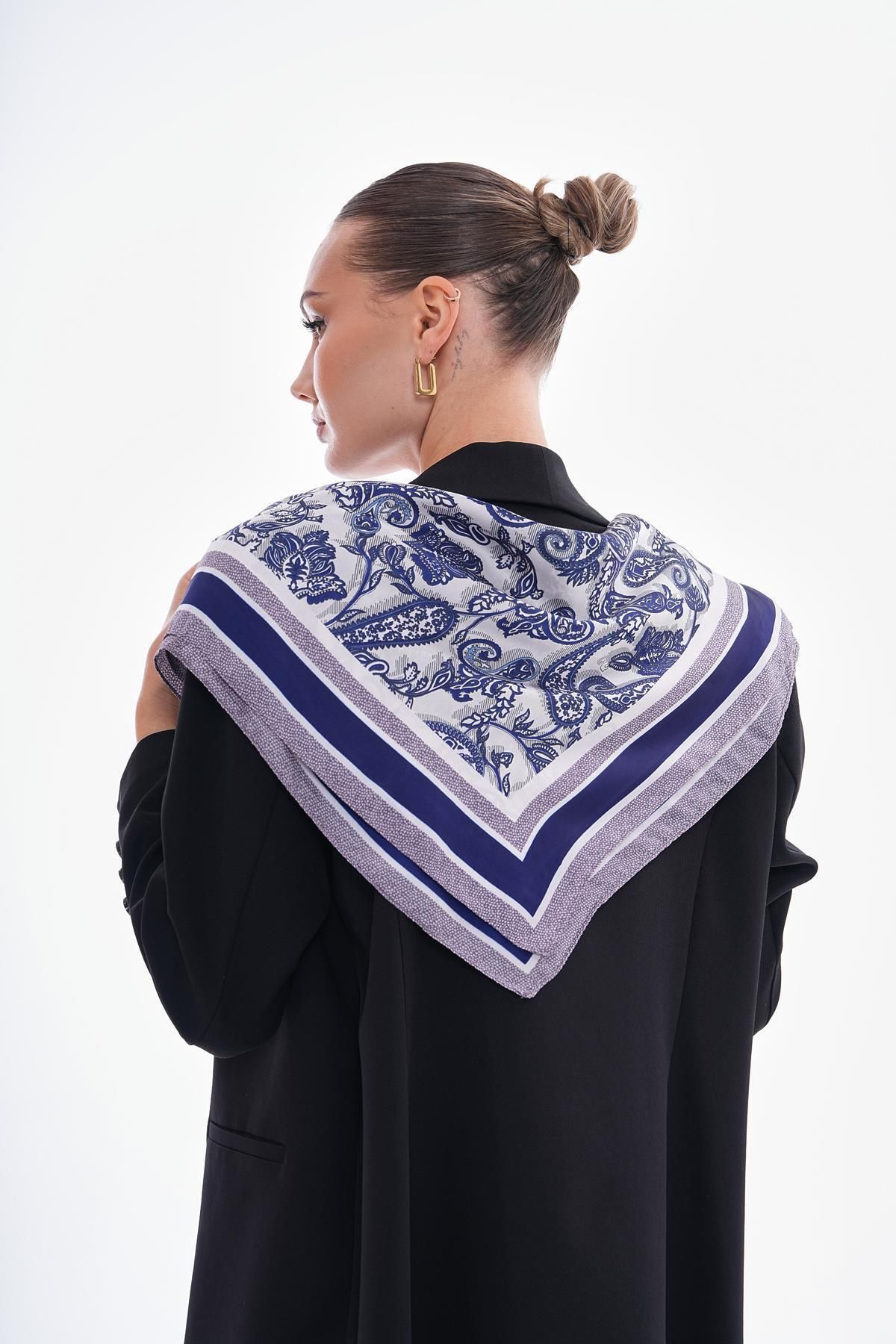 Axesoire-15274 Shawl Patterned Navy Blue Bandana Scarf 70X70 cm 2