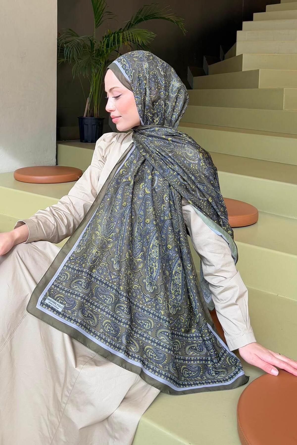 lamelif.com-Khaki Soft Shawl - Retro Patterned 4