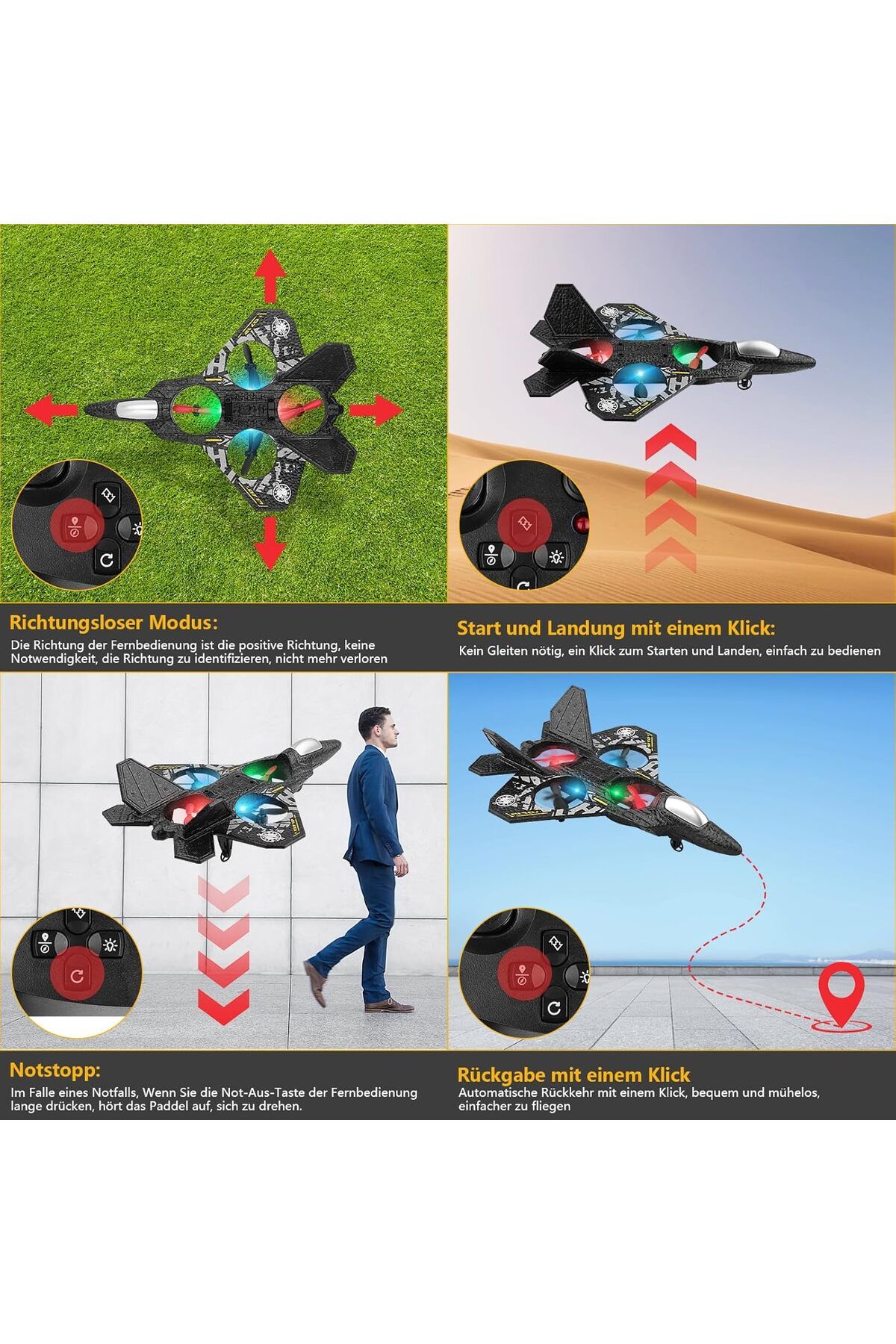AWH-RC Plane – 2.4GHz Remote Control Fighter Aircraft, RTF Quadcopter Toy with Lights & USB Charging 4