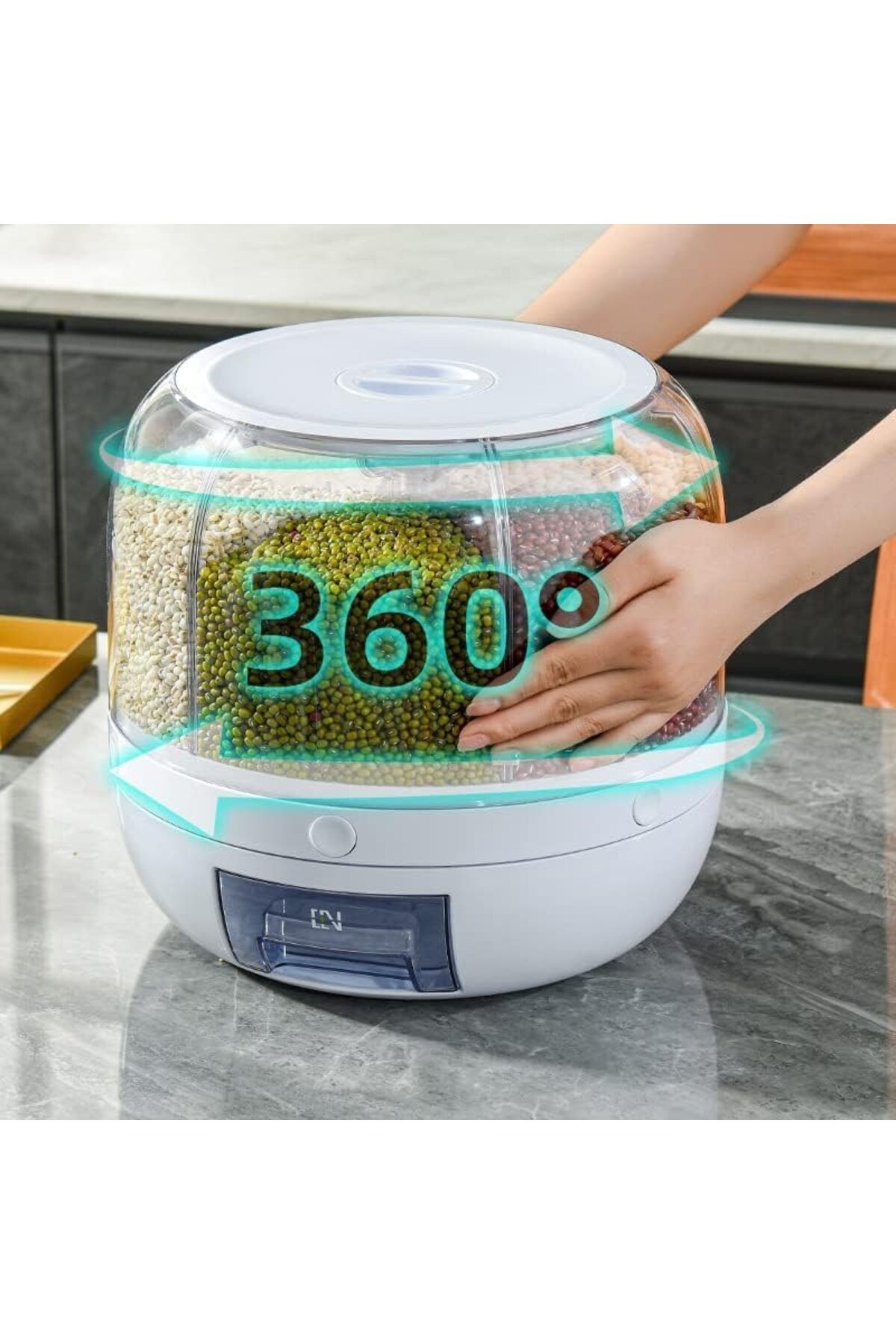 AWH-موزع طعام دوار 360 درجة بـ 6 شبكات، حاوية تخزين بنقرة واحدة للأرز والحبوب والوجبات الخفيفة 4
