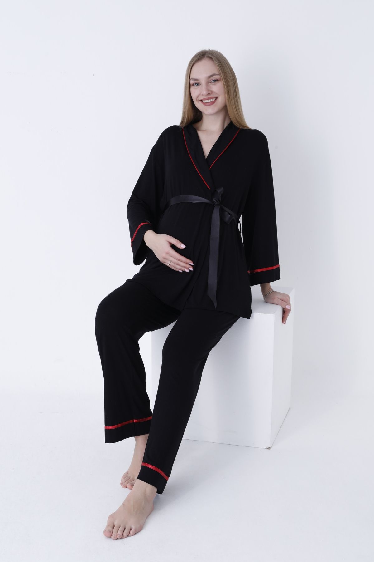Miss Dünya Lissa-Pregnant and Maternity Pajamas Set with Front Tie and Large Stripe Collar 6