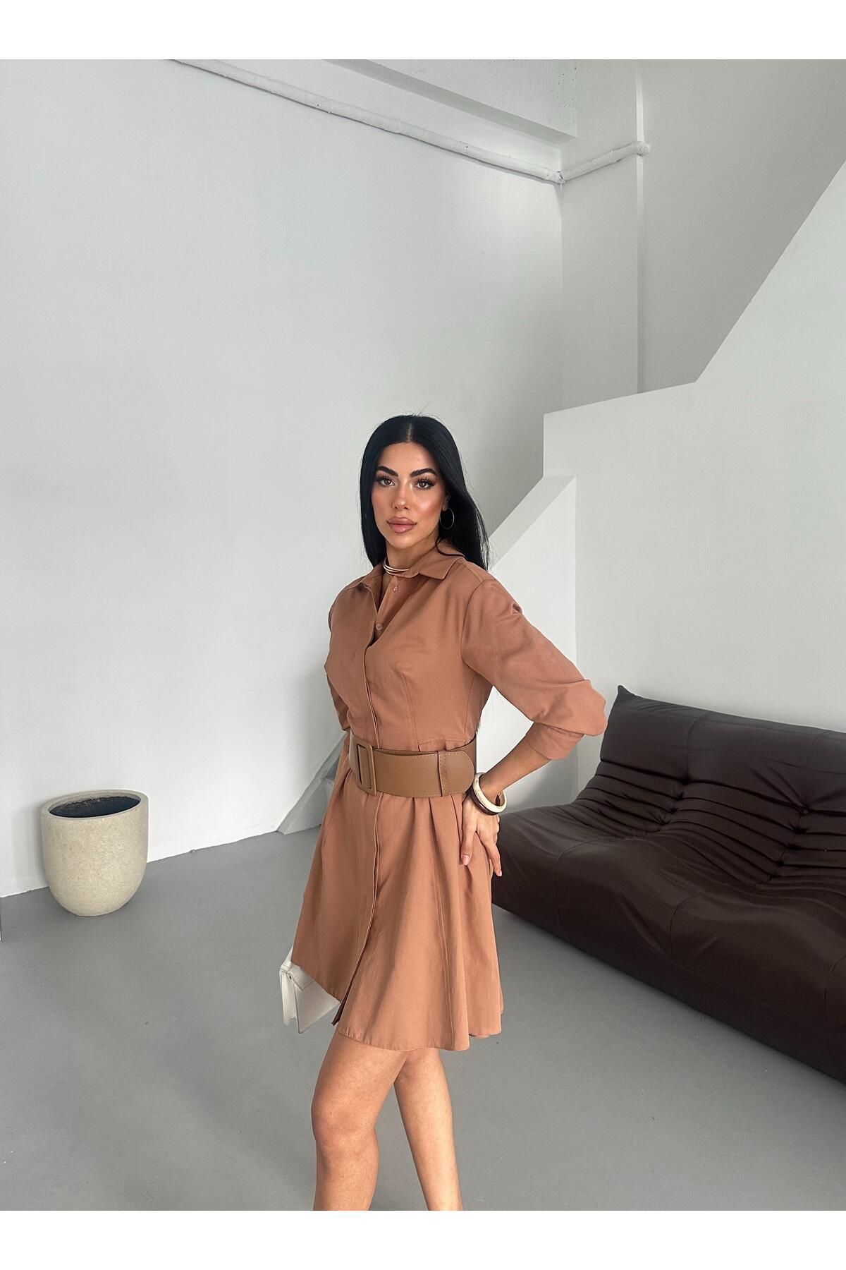 Appleline-Lucy Fabric - Rochie detaliată cu centură cu jumătate de mânecă lungime midi MARO 6