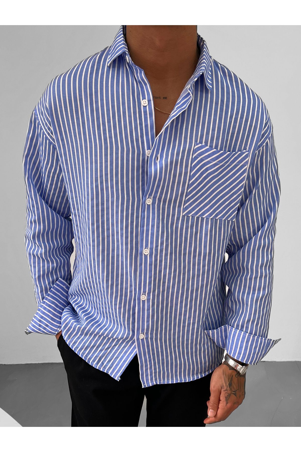 King Brothers-Old Money Men's - Blue Striped Oversize Cotton Shirt, Pocket, Long Sleeve 2