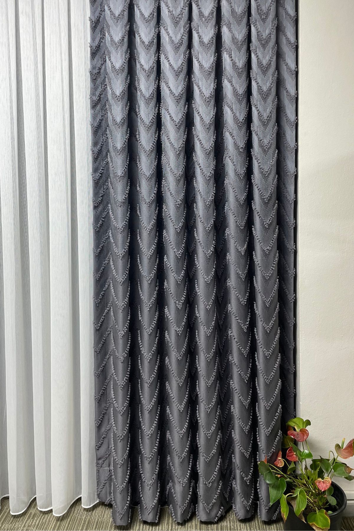 Cortibo-Gray Verona Patterned Background Curtain - Pleated Free 2