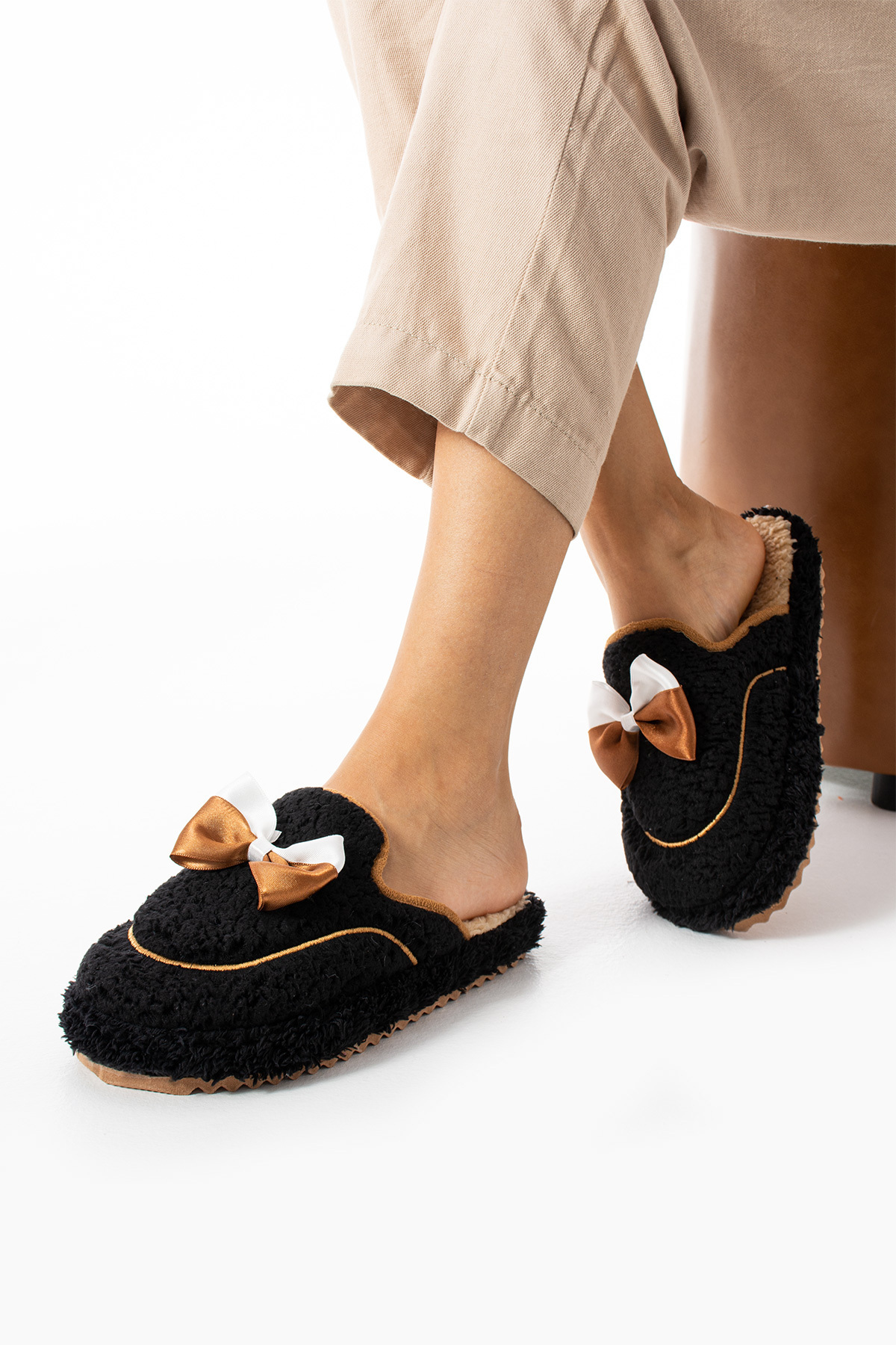 Women's Winter Slippers with Black Bow Tie