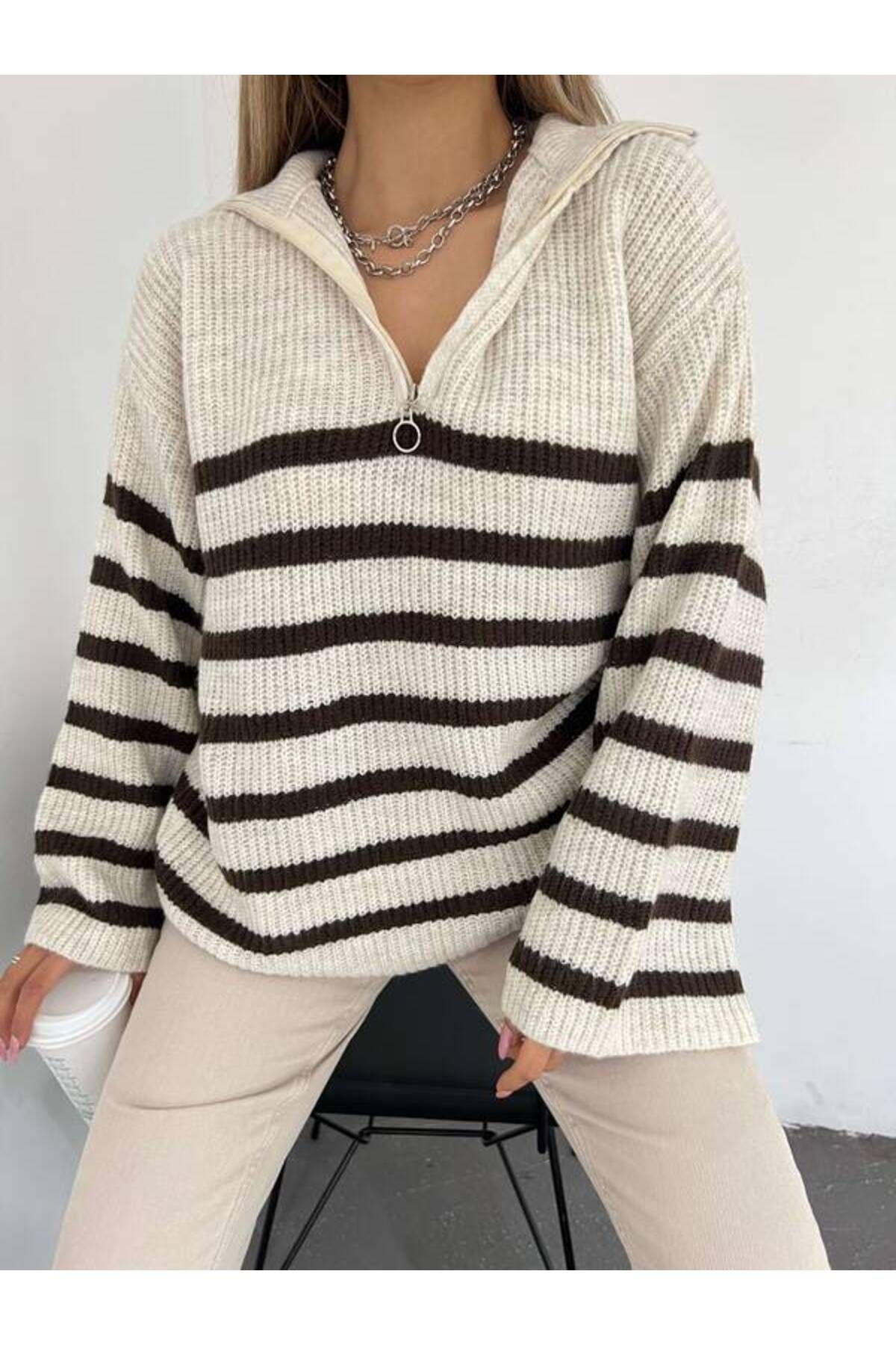 la & vetta-Brown Zippered Oversize Knitwear Sweater 3