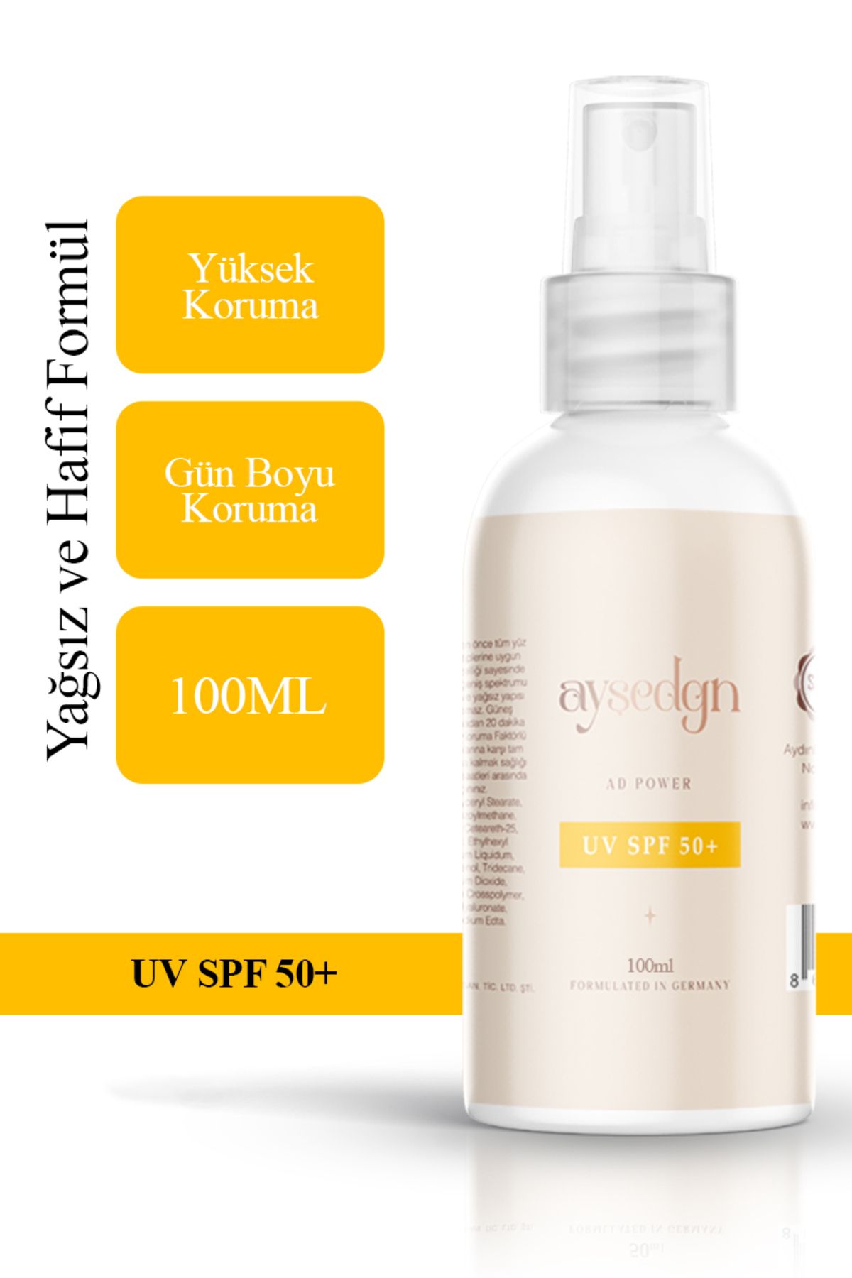 AYŞEDGN 50 SPF+ Leke Karşıtı Nemlendirici Yüksek Koruma Güneş Kremi 100 ml