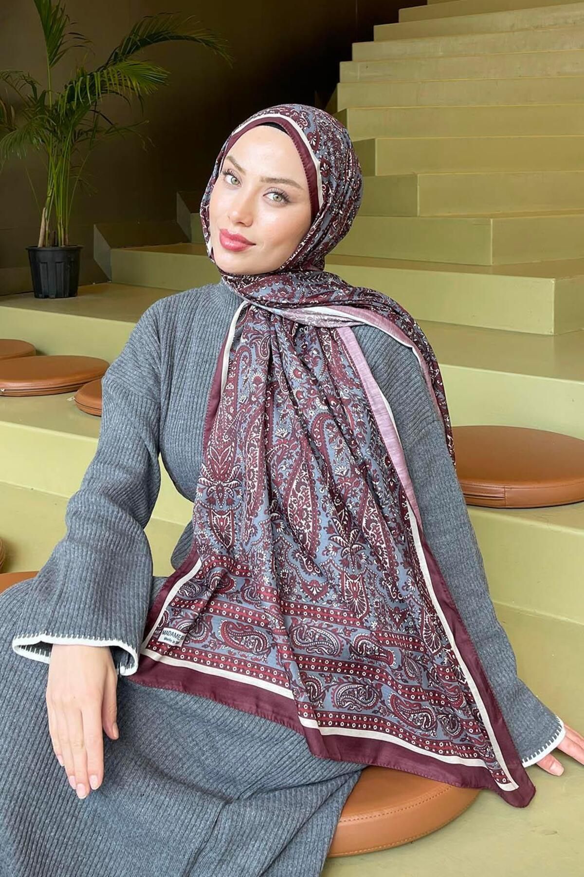 lamelif.com-Burgundy Retro Patterned Soft Shawl 2