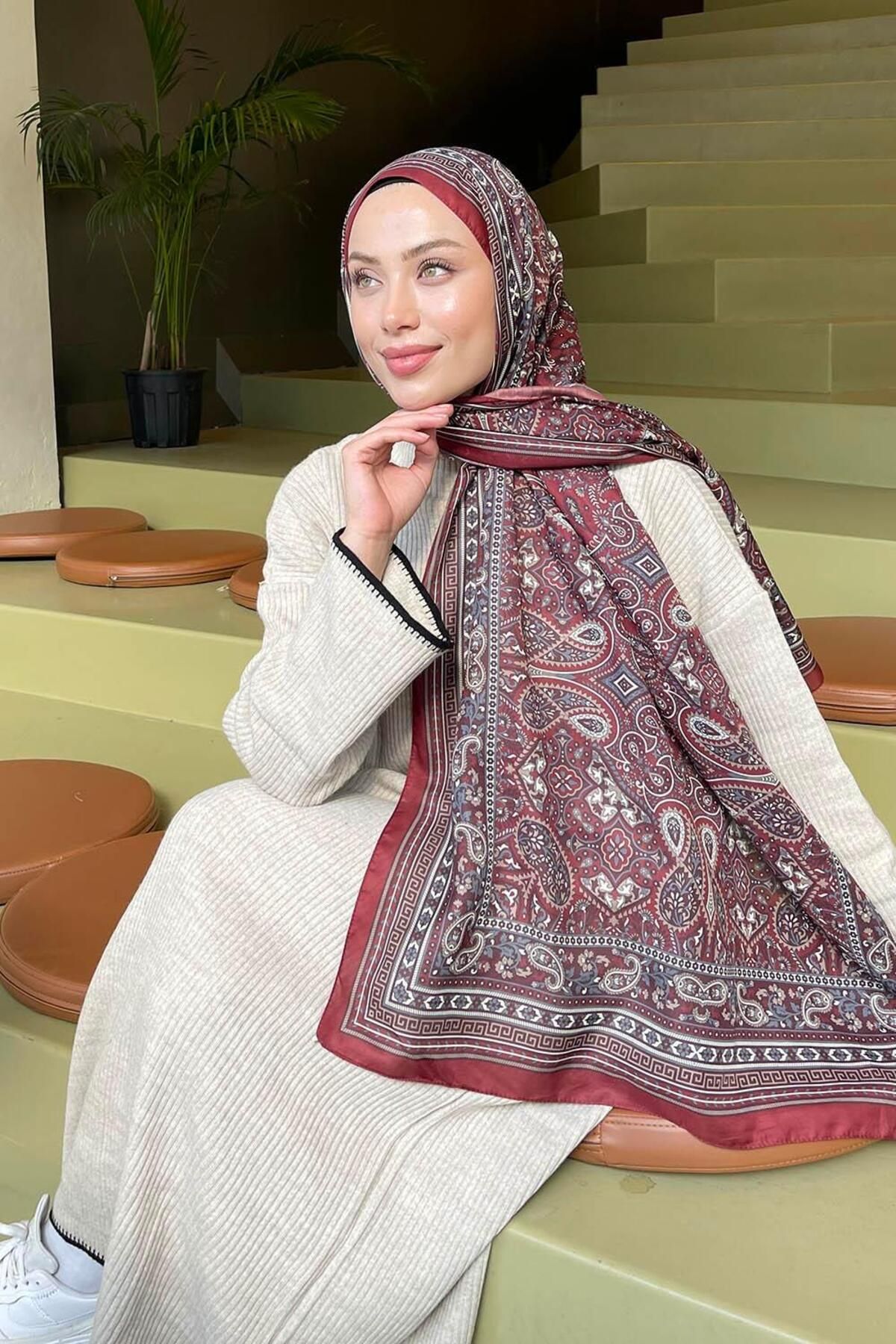lamelif.com-Retro Pattern Soft Shawl Dark Burgundy 3