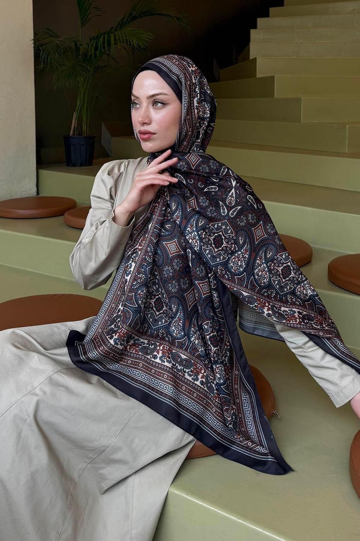 lamelif.com-Black Retro Patterned Soft Shawl 3