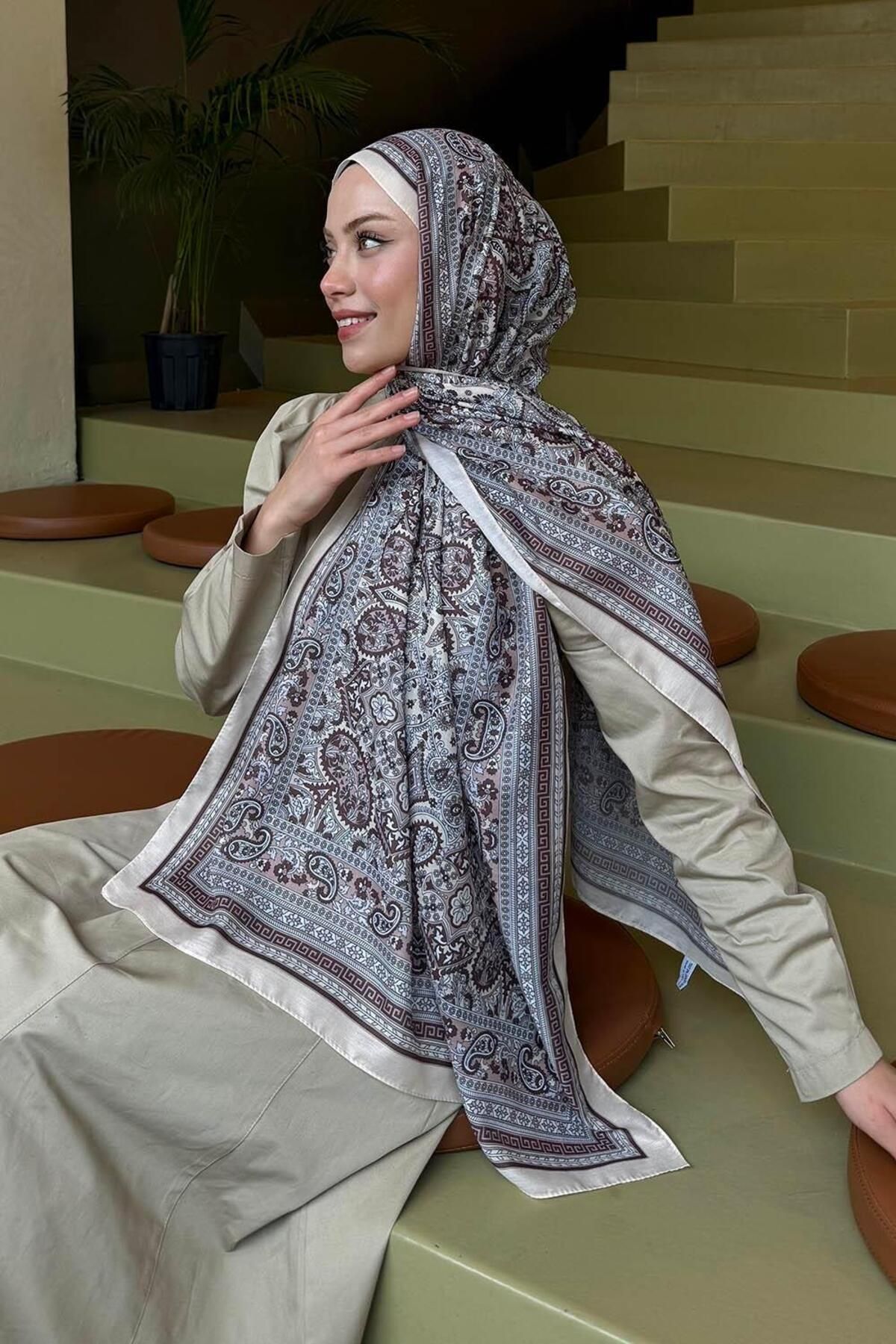 lamelif.com-Beige Retro Patterned Soft Shawl 4