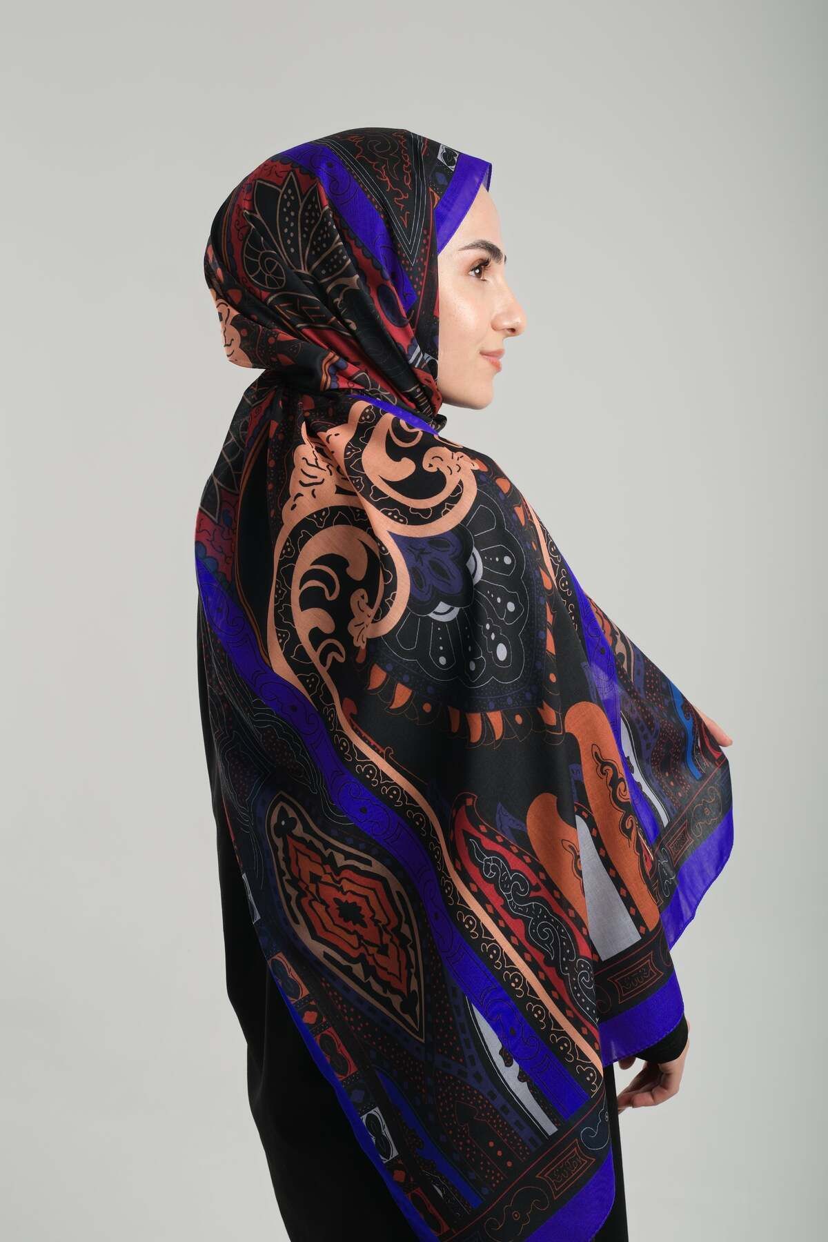 Giverny-Sax Blue Patterned Shawl Cut Out Fiber Cotton Ethnic Digital Printed 202124 _24 5