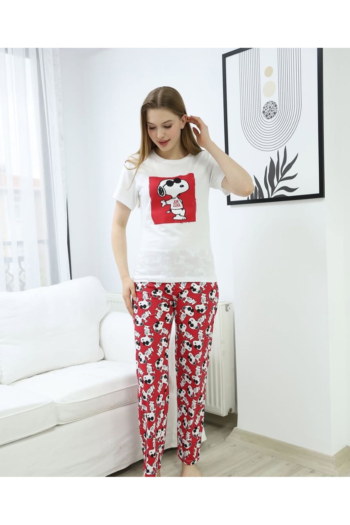 marika butik Kadın Kırmızı-Beyaz Snoopy Baskılı İkili Pijama Takım