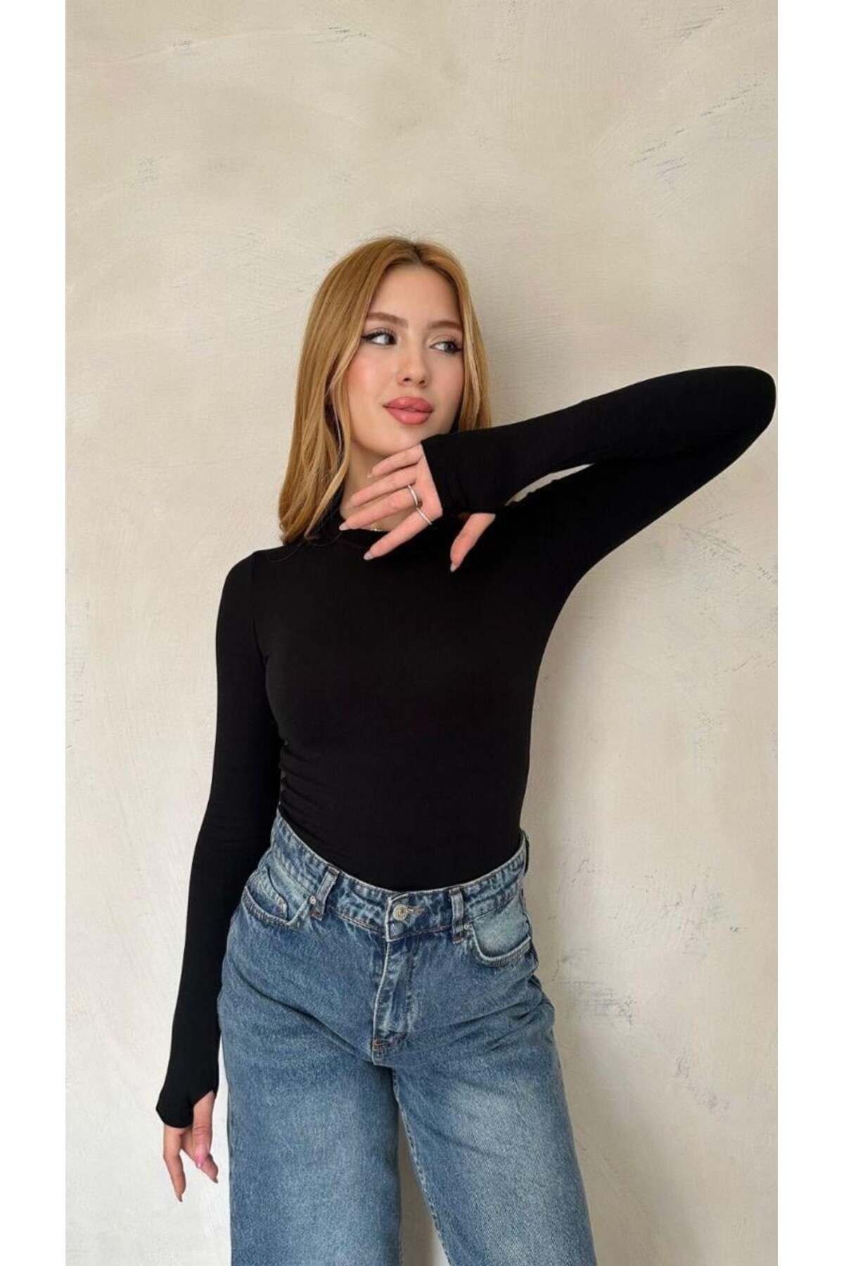 Giyimodam Kadın Full Likra Parmak Geçirmeli Slip Siyah Body Bluz