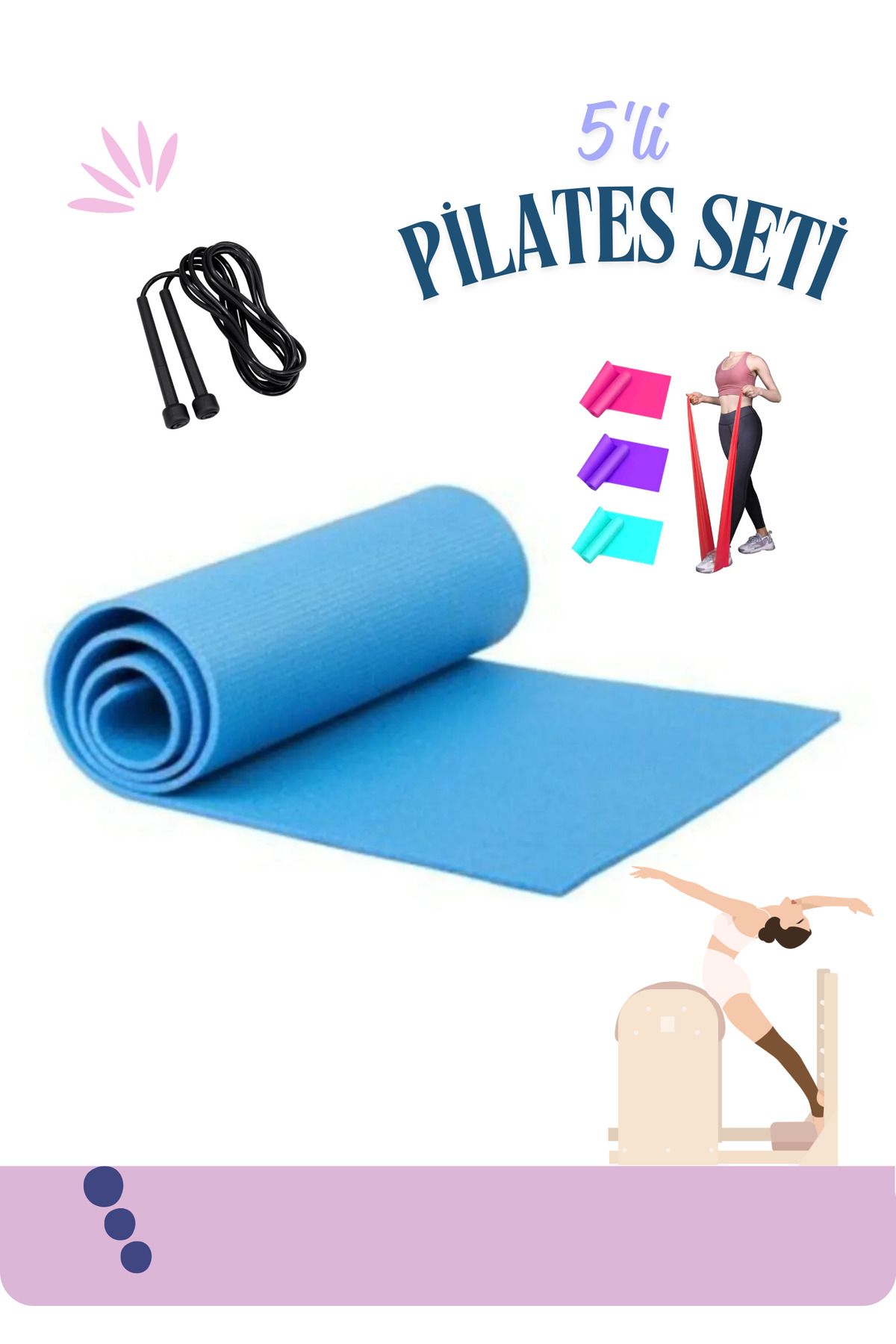 MEKOS 5 li Pilates Seti Pilates Minderi 3 adet Pilates Bandı (Direnç Lastiği) ve Atlama İpi