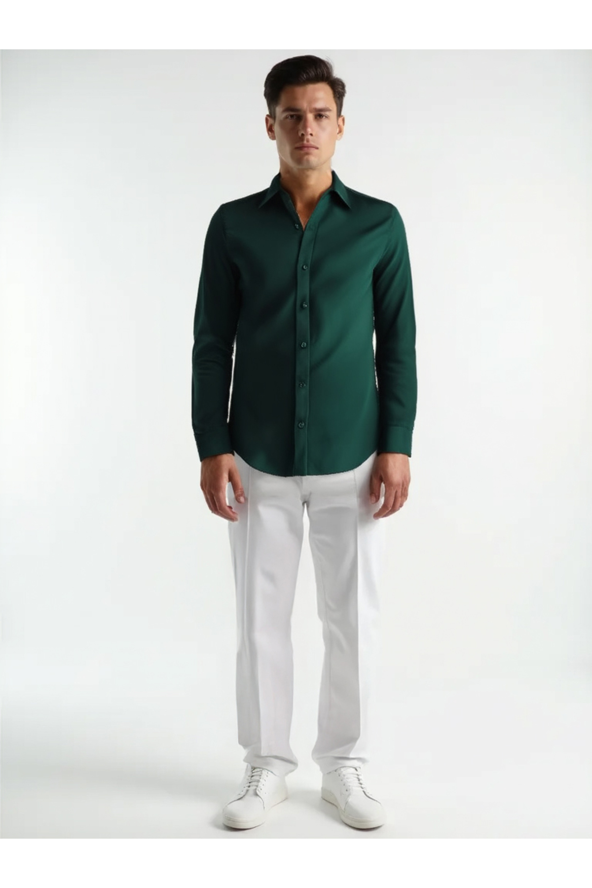 Todth  Kolay Ütülenebilen Dört Mevsim Modern Fit Yumuşak Dokulu Koyu Yeşil Düz Erkek Gömlek - Görsel 3