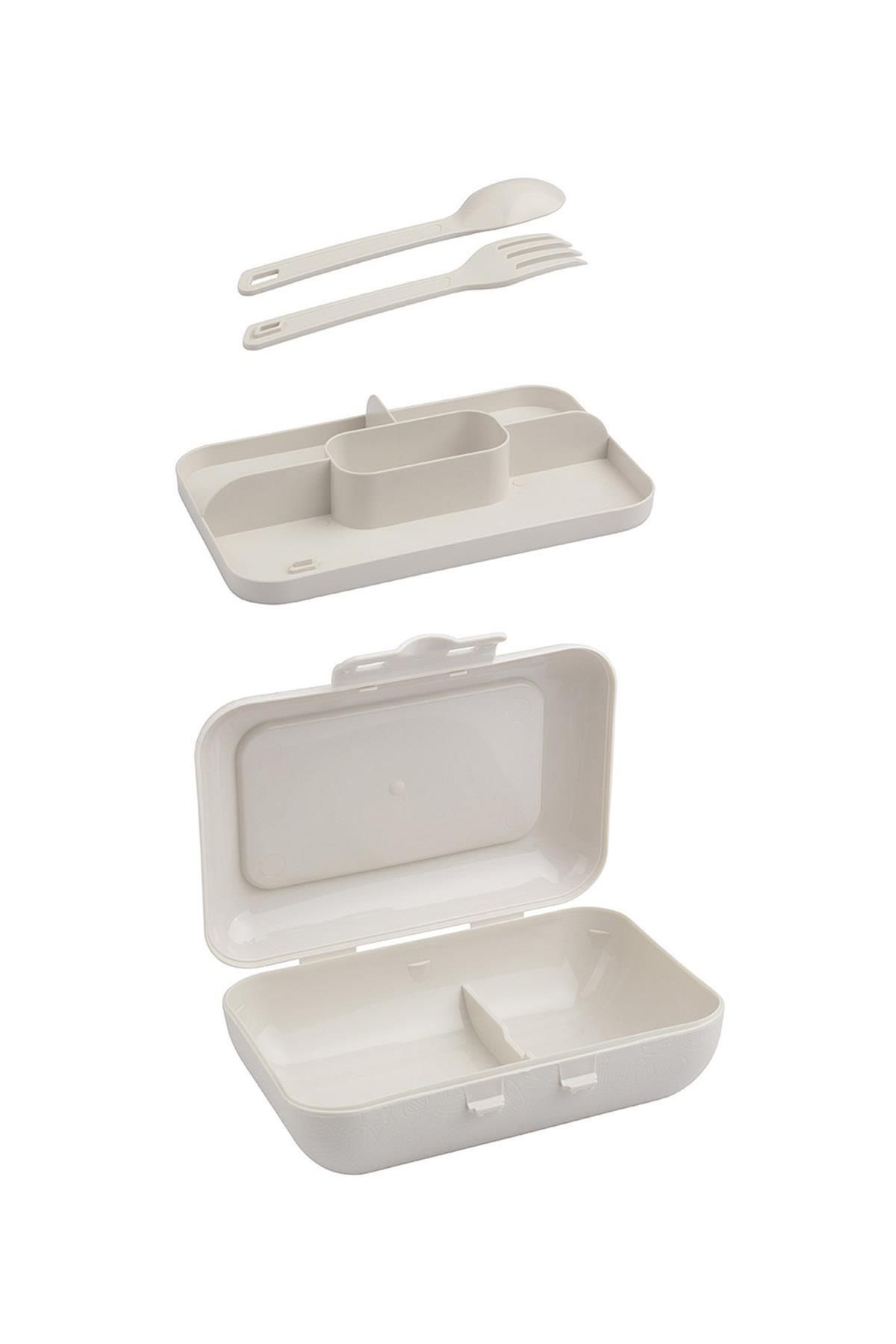 Okyanus Home-Beige Lunch Box 2 Layers 5 Compartments Lunch Box with Self Fork and Spoon 5