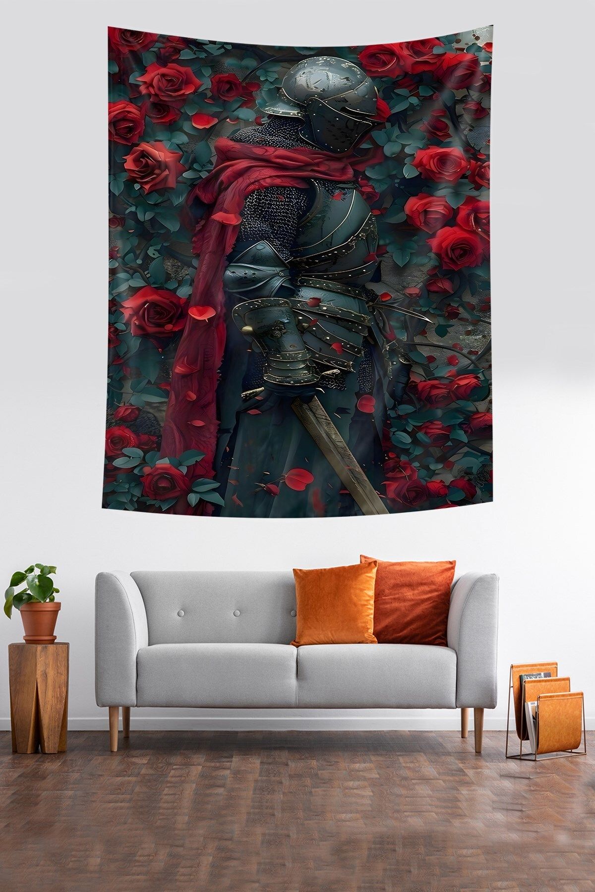 on the clouds-Red Rose Detailed Knight with Sword Tapestry - Non-Stick Fabric, Wall Cover and Carpet 1