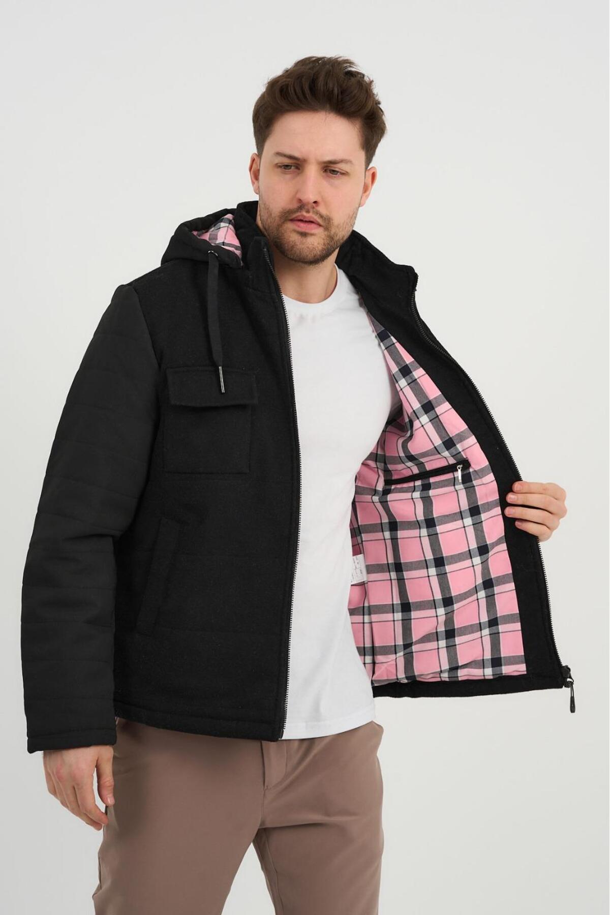 KAPÜŞONLU YÜNLÜ MONT (E20-379401) — مشکی — تصویر 4 از 5