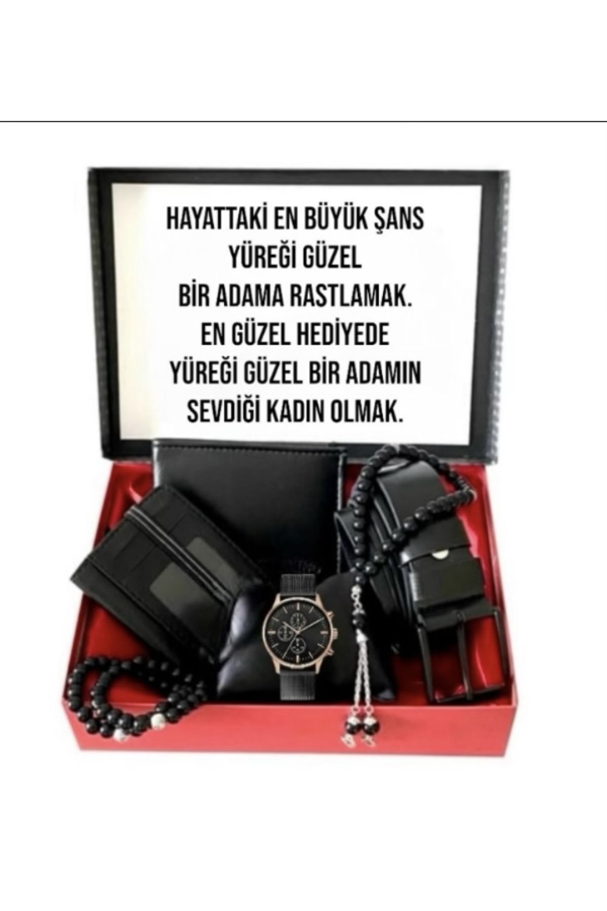 Carlino Erkek Hediye Set Siyah Kol Saati-cüzdan-kemer-kartlık-harfli Tesbih- 3 Adet Bileklik